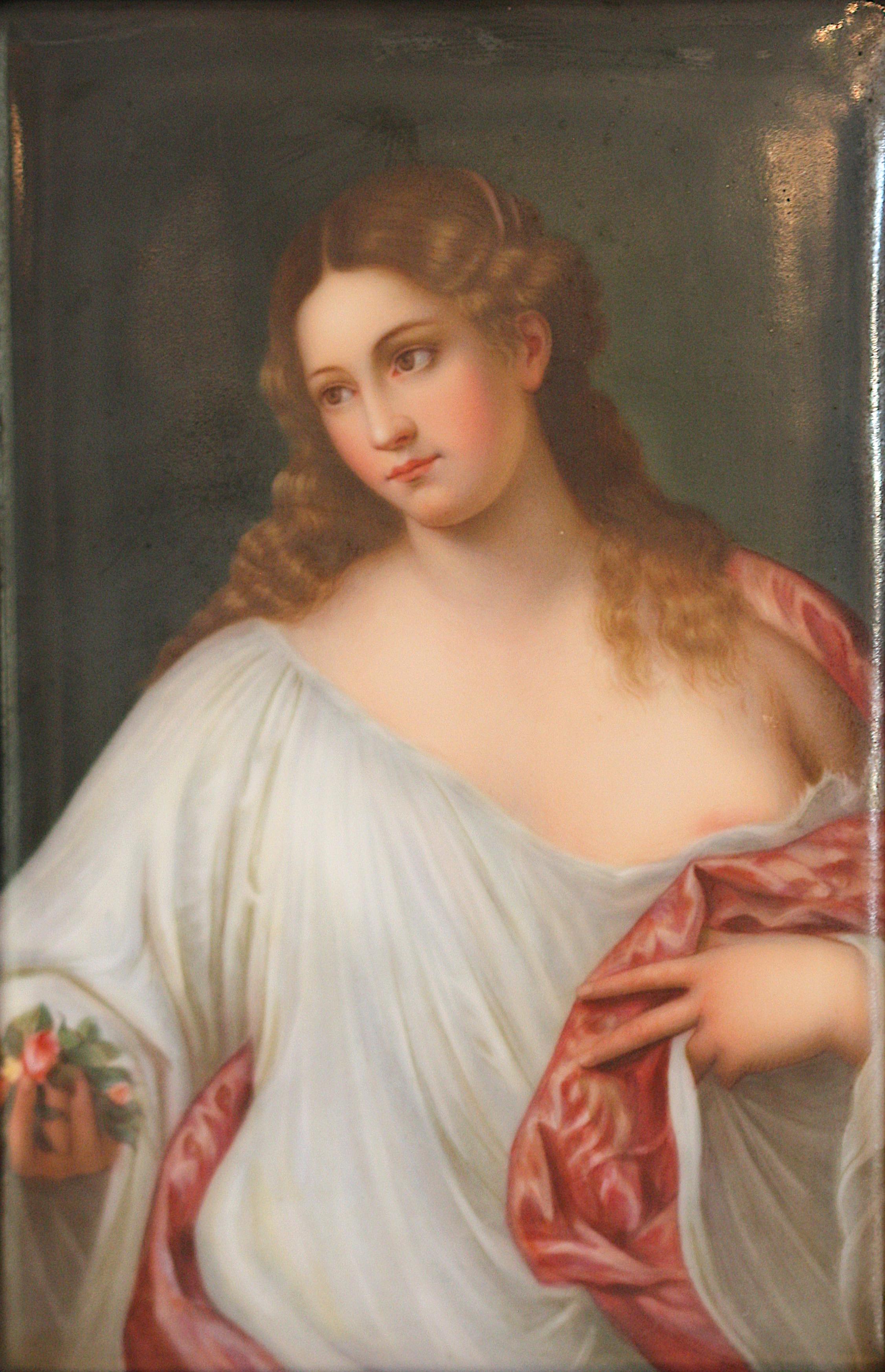 
Placa de Porcelana Pintada Continental de una Santa Femenina
Siglo XIX, sin marcar, probablemente alemán/austriaco,
enmarcado 7 por 5 pulg., total 17 por 15 pulg.