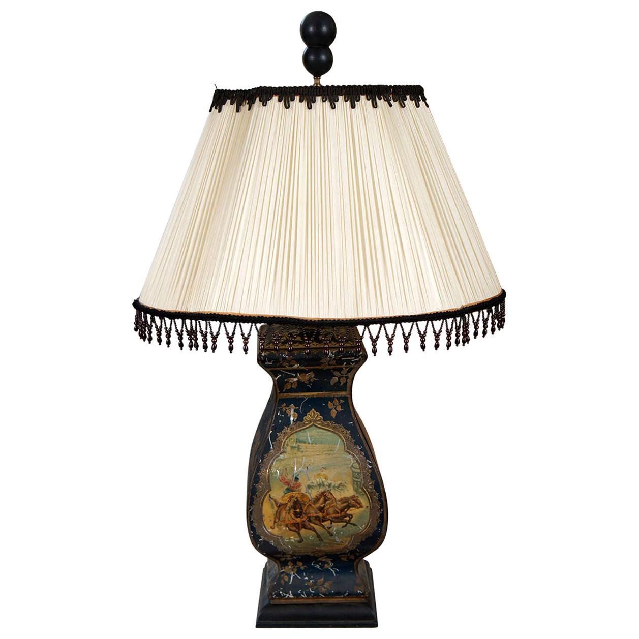 Continental Painted Tole Lamp with Dark Blue Ground For Sale