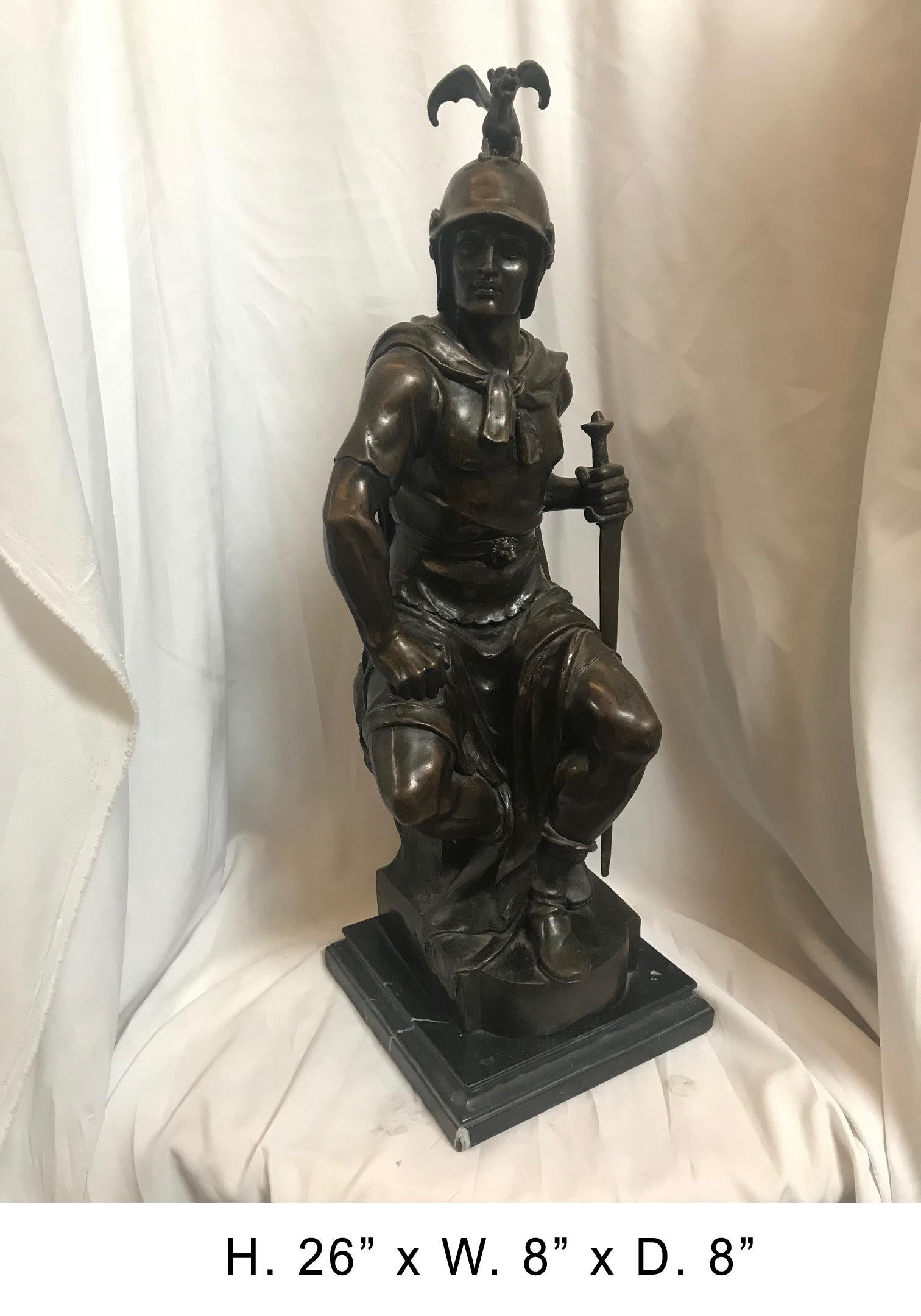 Imposing continental patinated bronze seated Roman soldier on a black marble base.
Mid-20th century
Beautiful impression on the face and great attention to detail
Measures: H. 26