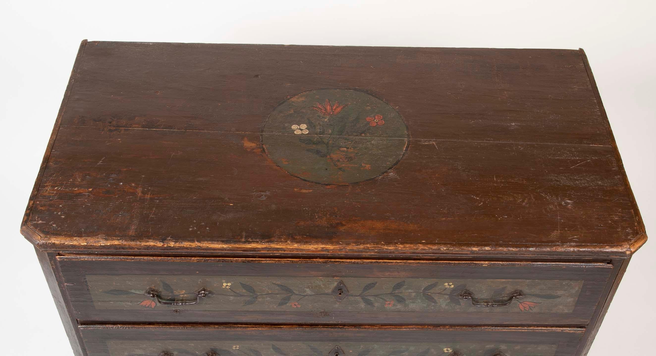 19th Century Continental Pine Chest with Poly-Chrome Decoration