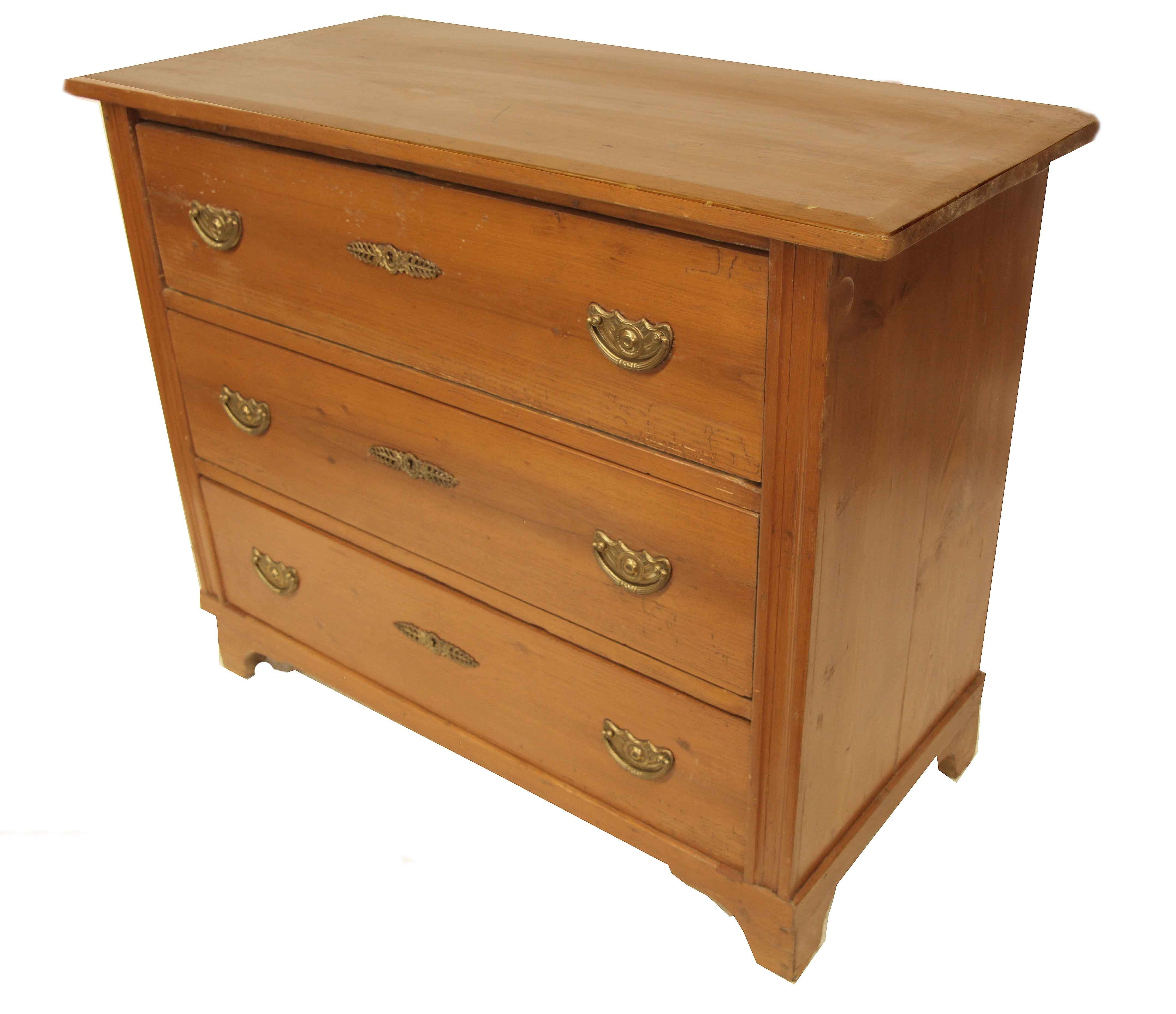 Brass Continental Pine Three Drawer Chest For Sale
