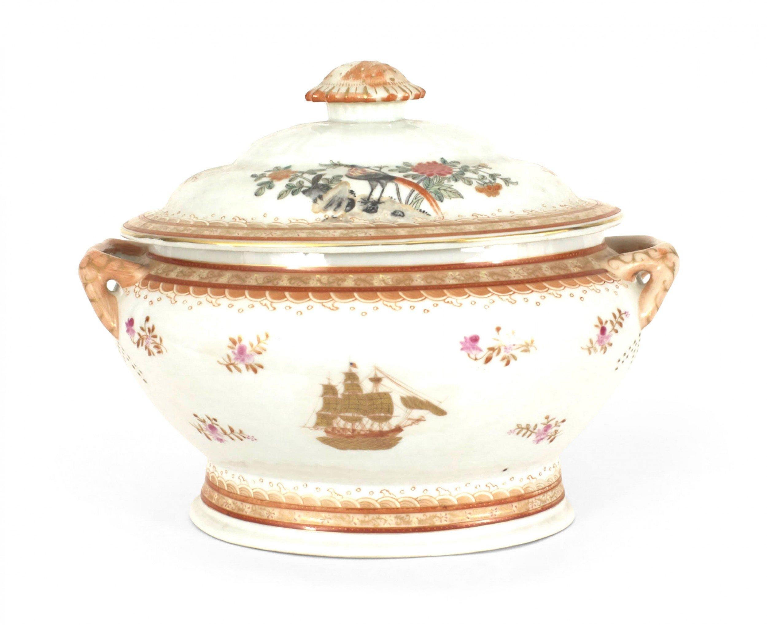 Continental (19th Century) (Chinese Export) soup tureen with cover on an associated oval tray, both decorated with birds and a 3-masted ship.