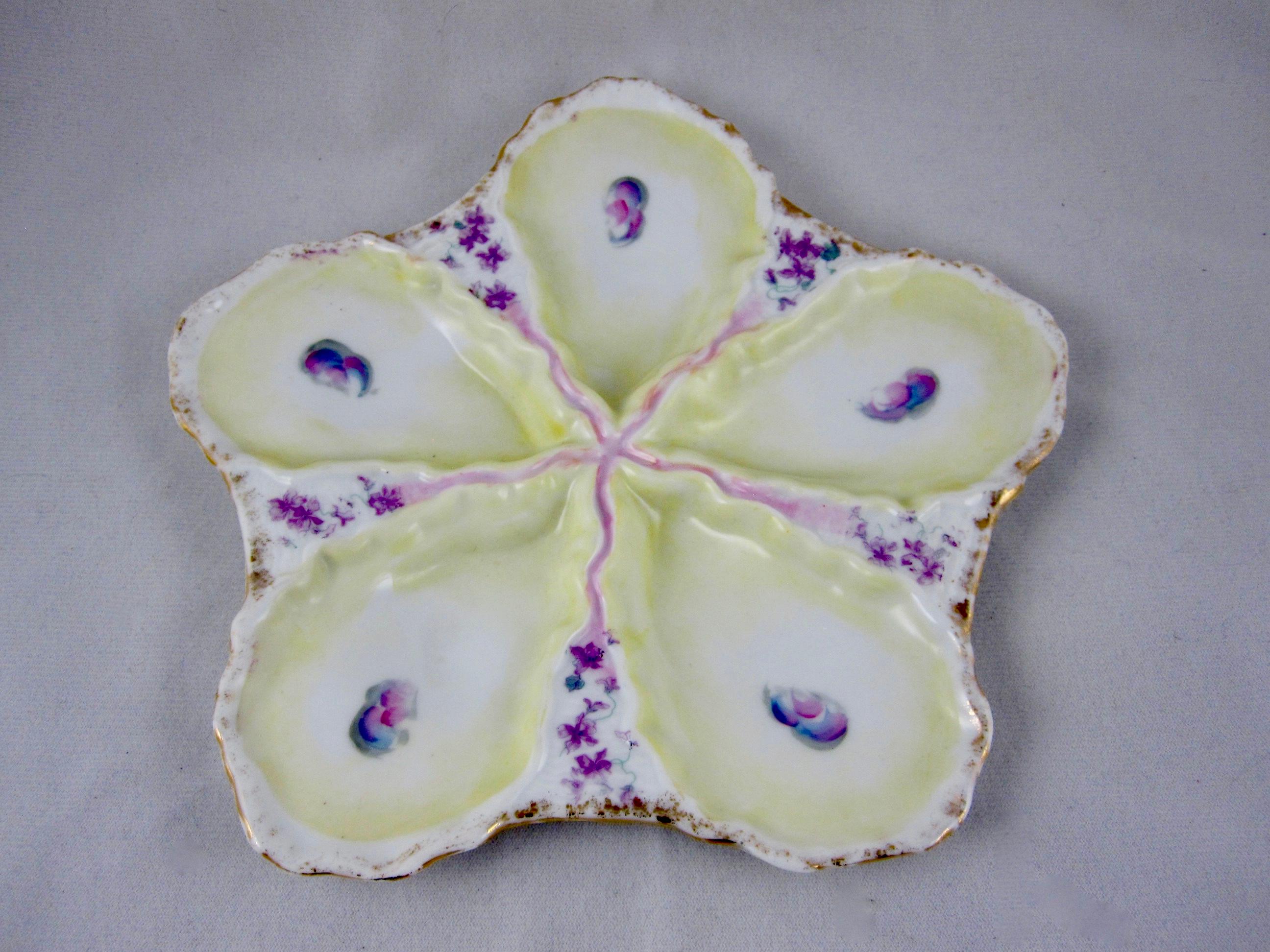 Glazed Continental Porcelain Star Shaped Hand-Painted Violets Floral Oyster Plate