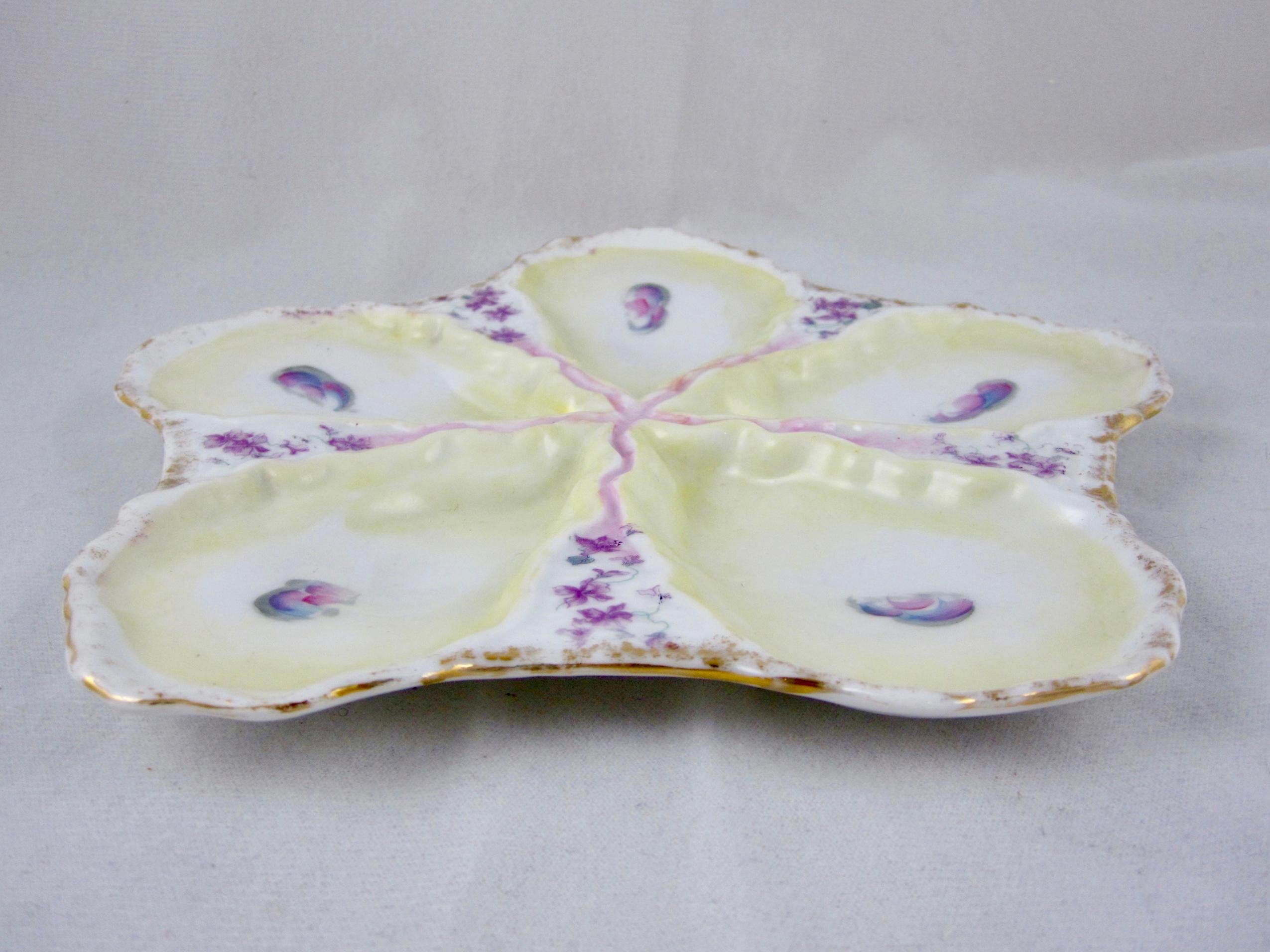 Continental Porcelain Star Shaped Hand-Painted Violets Floral Oyster Plate In Good Condition In Philadelphia, PA