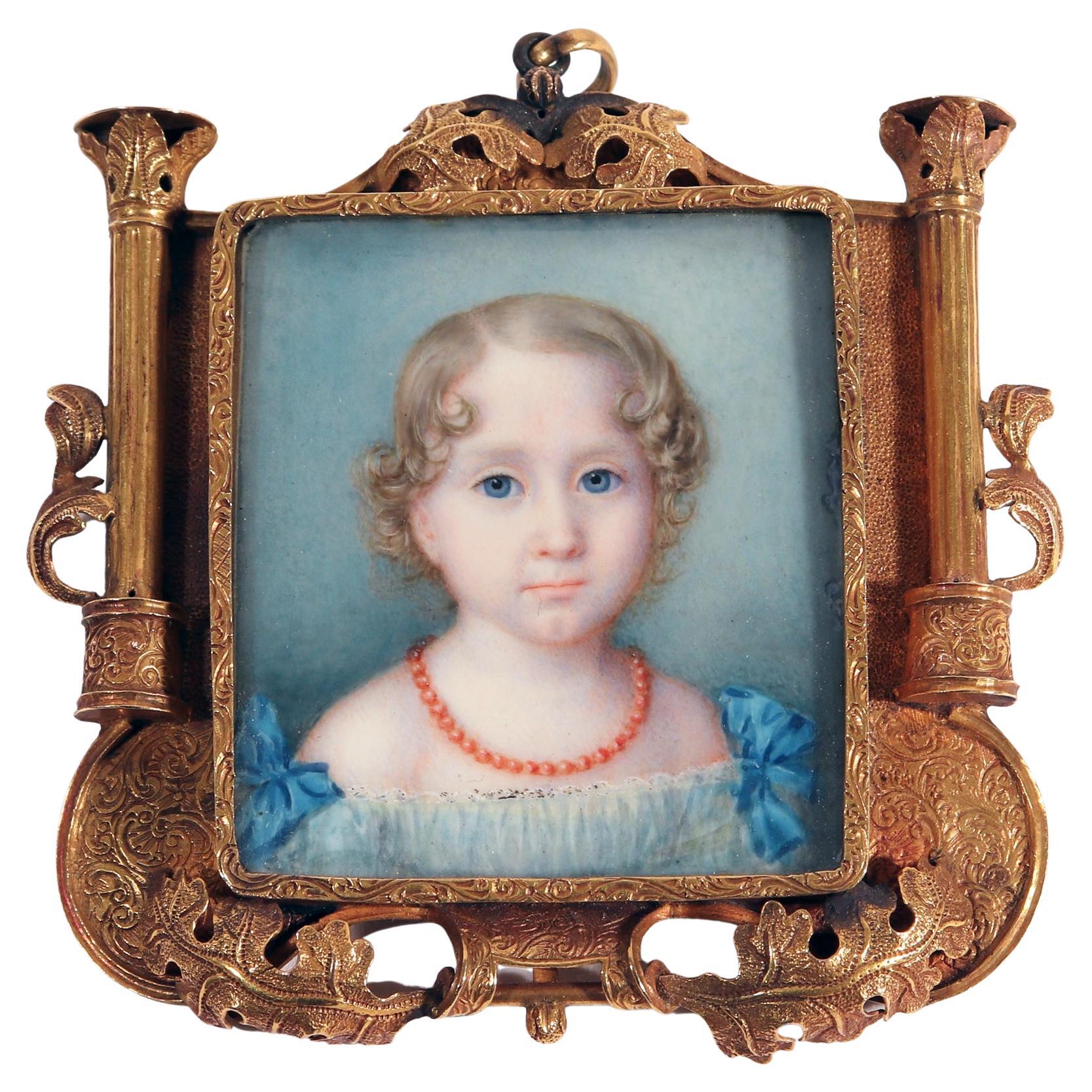 Continental Portrait Miniature of a Young Girl with Tableau Locket Frame