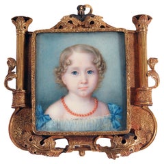 Miniature de portrait continental d'une jeune fille avec cadre à médaillon de tableau
