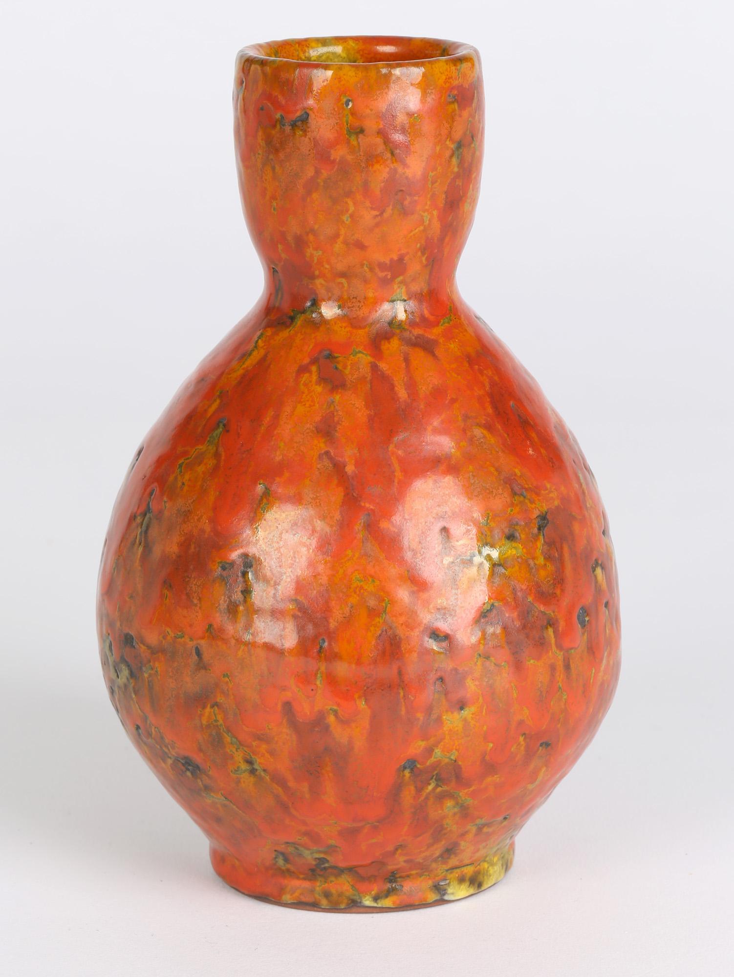 Continental, Possibly German, Mid-Century Orange Textured Art Pottery Vase For Sale 4