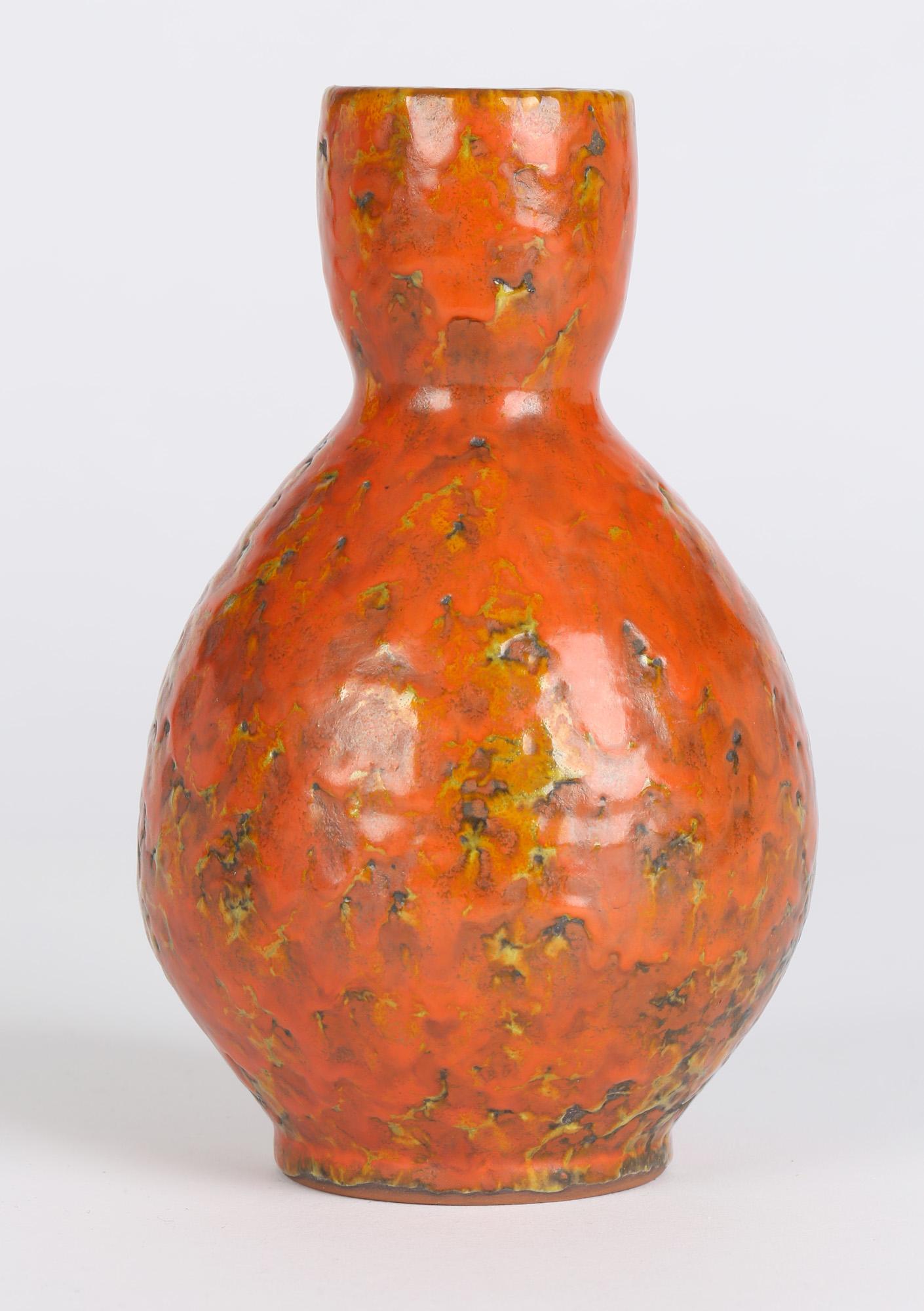Continental, Possibly German, Mid-Century Orange Textured Art Pottery Vase For Sale 6