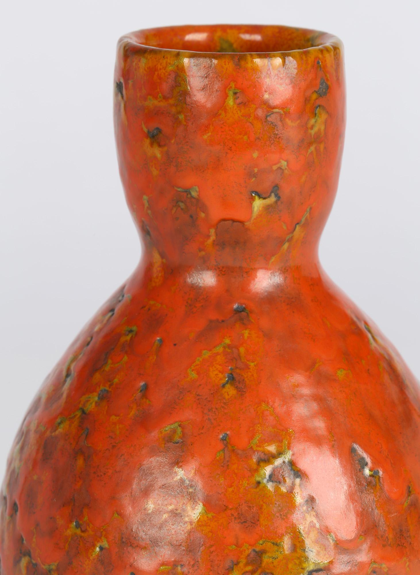 Continental, Possibly German, Mid-Century Orange Textured Art Pottery Vase For Sale 7