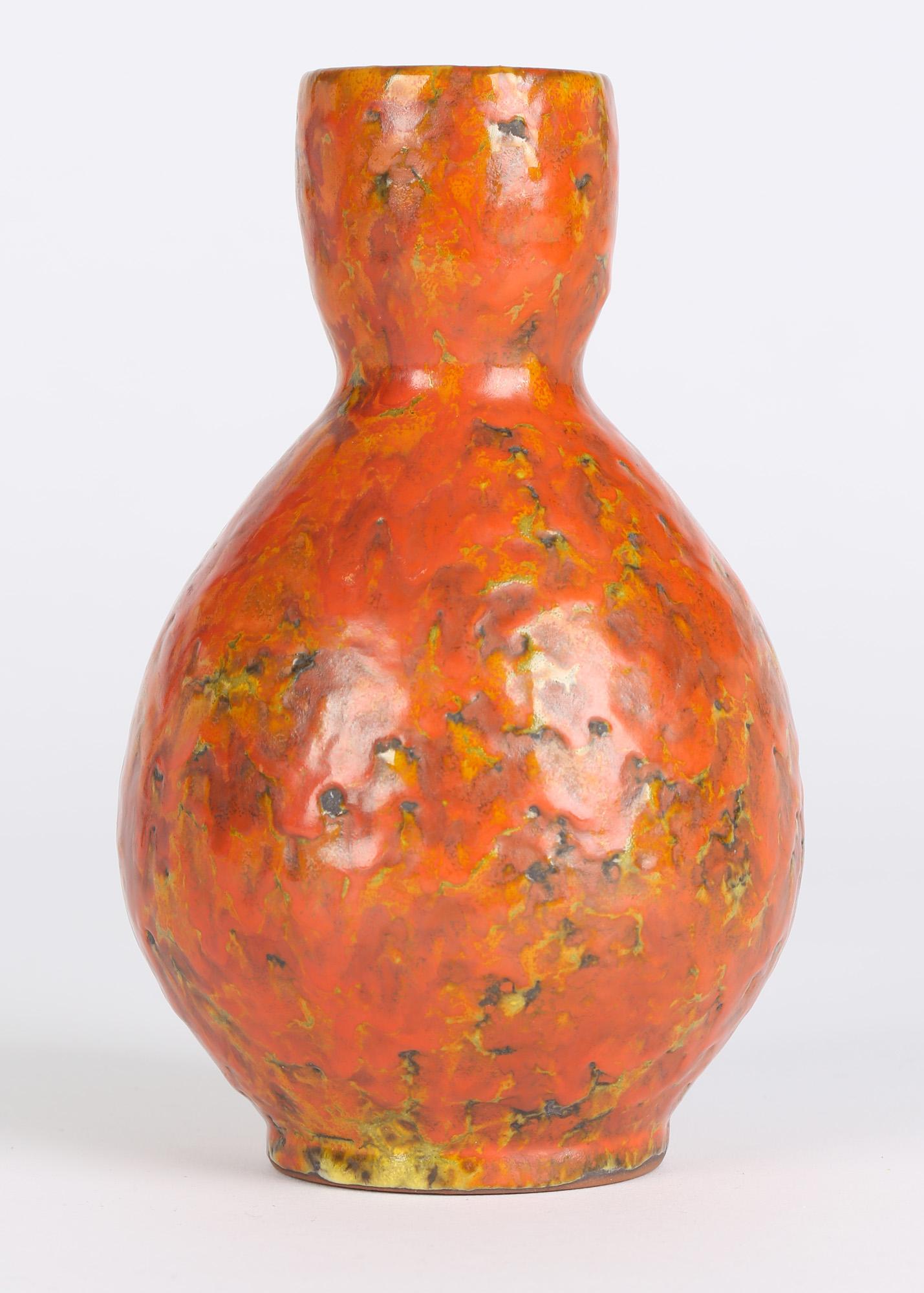 Continental, Possibly German, Mid-Century Orange Textured Art Pottery Vase For Sale 9
