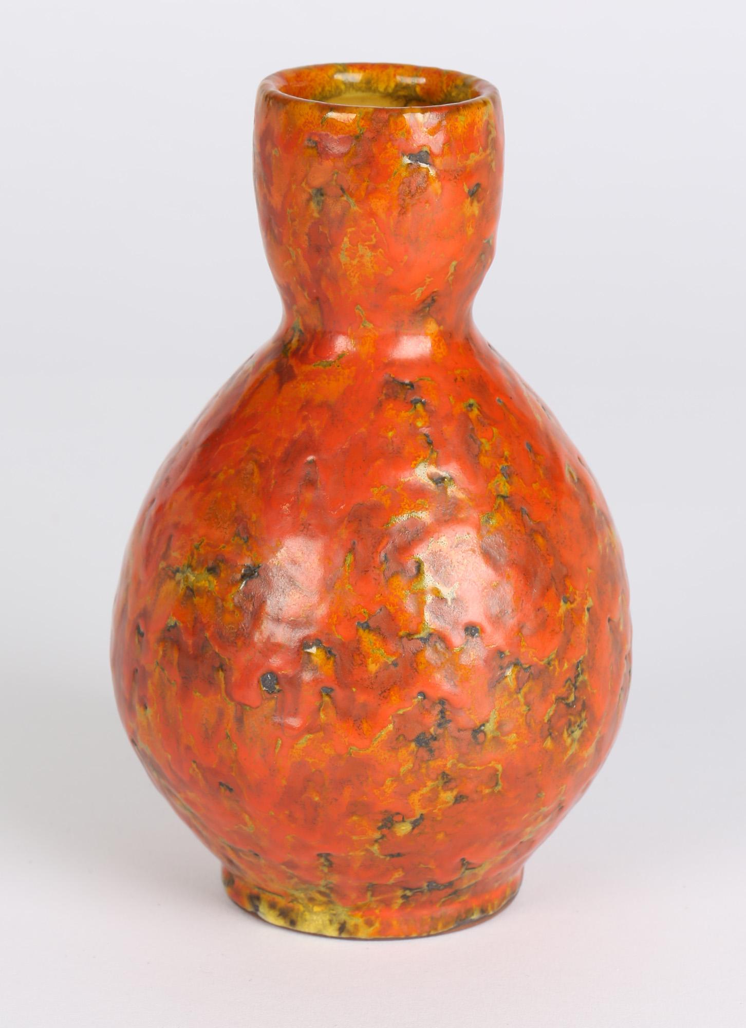Continental, Possibly German, Mid-Century Orange Textured Art Pottery Vase For Sale 2