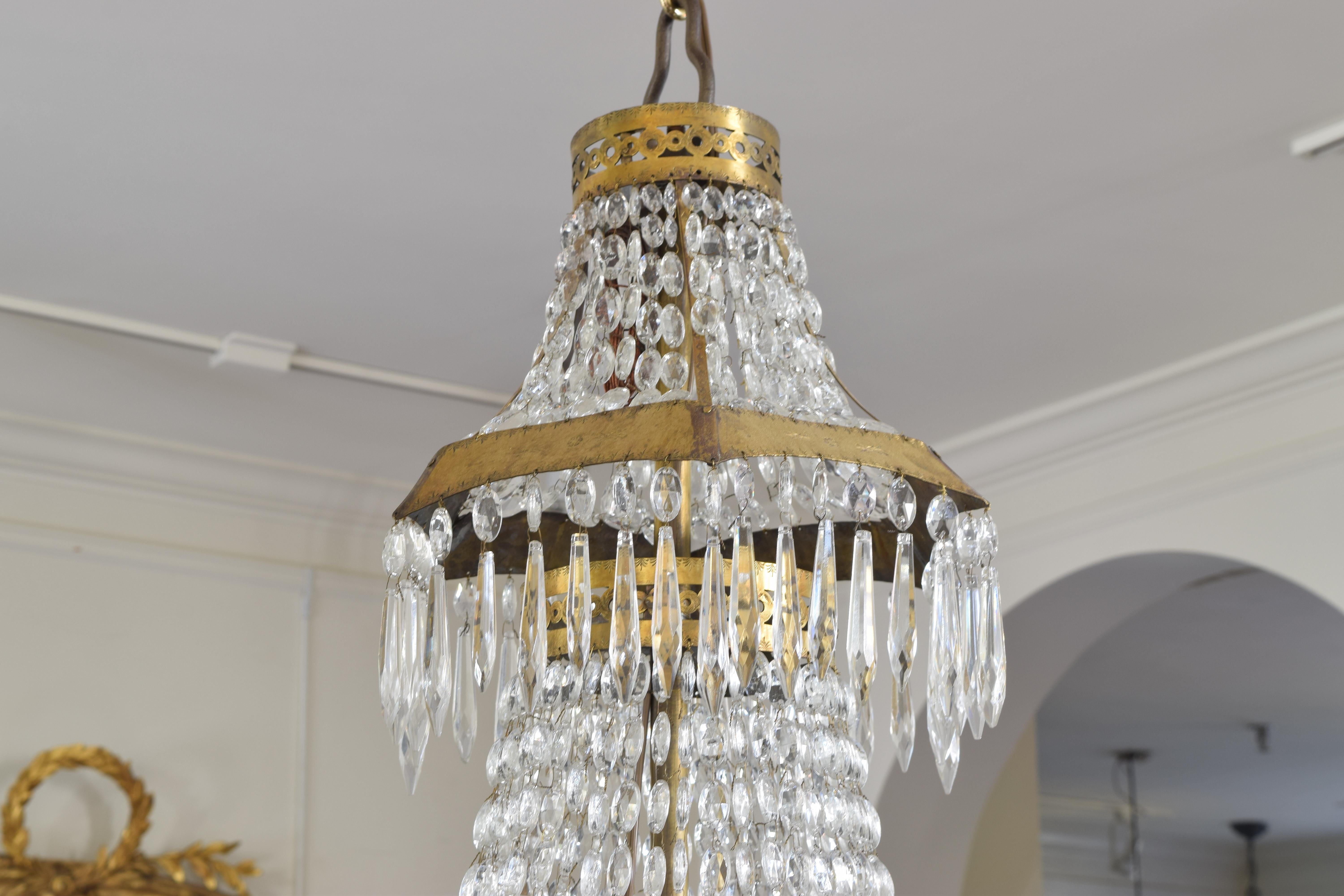 Neoclassical Continental, Possibly Swiss, Incised Brass and Glass 8-Light Chandelier