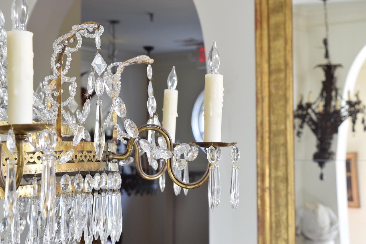 Early 19th Century Continental, Possibly Swiss, Incised Brass and Glass 8-Light Chandelier