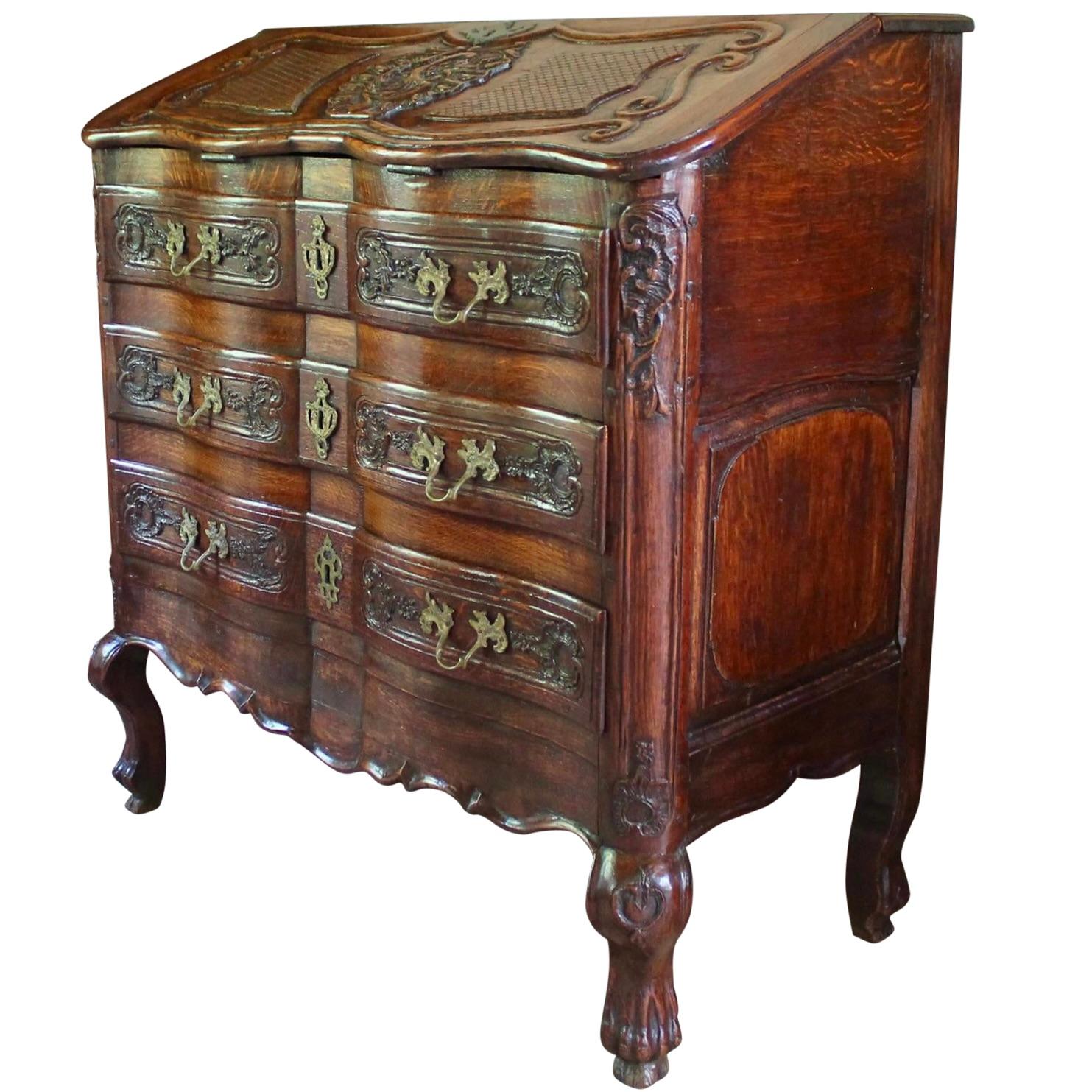 Rococo Revival Continental Régence Inspired Commode With Rococo Carved Desk Top For Sale
