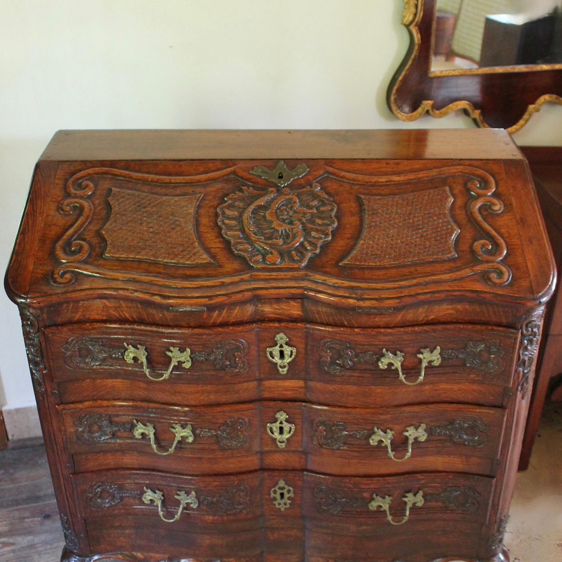 Dutch Continental Régence Inspired Commode With Rococo Carved Desk Top For Sale
