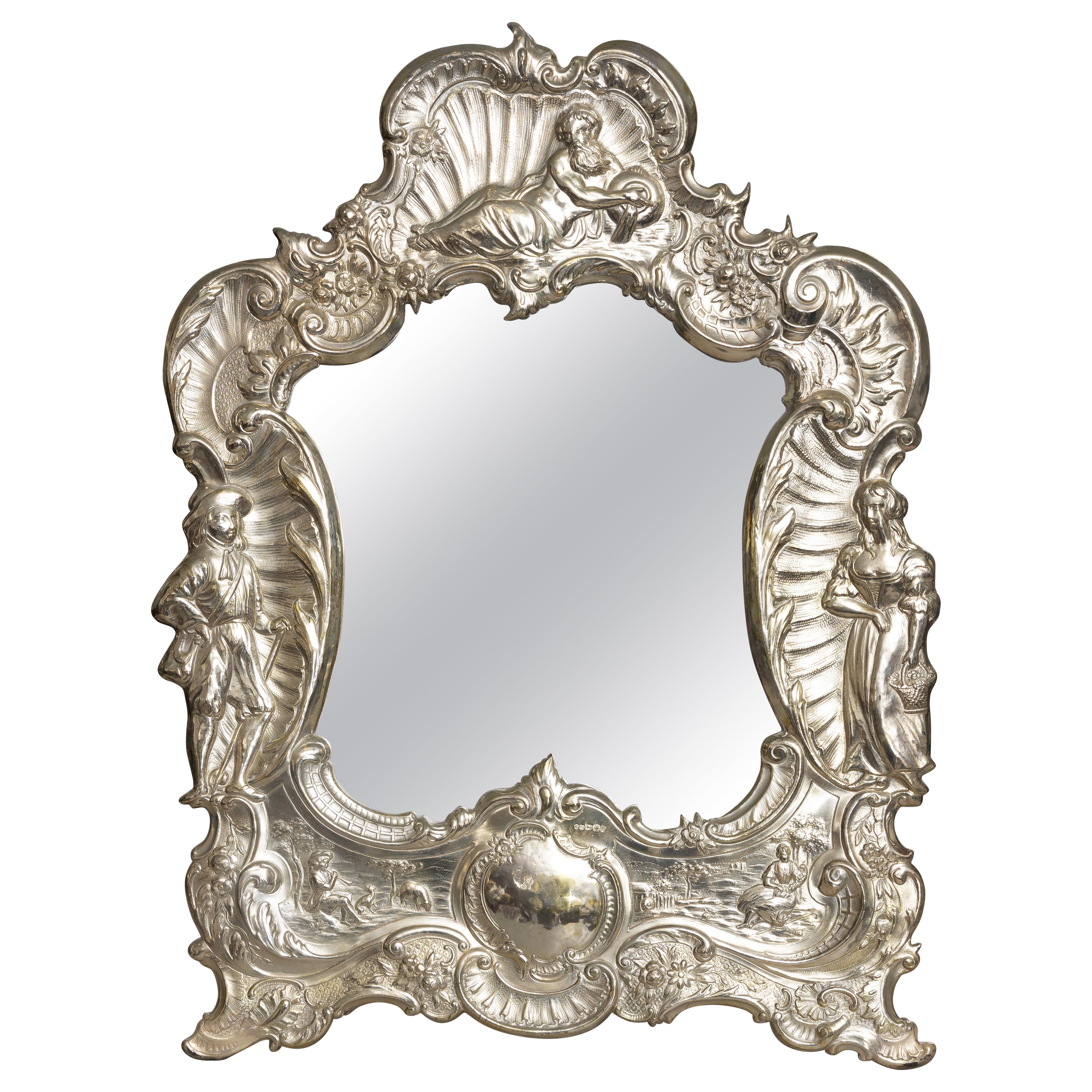Miroir de table continental en argent repoussé