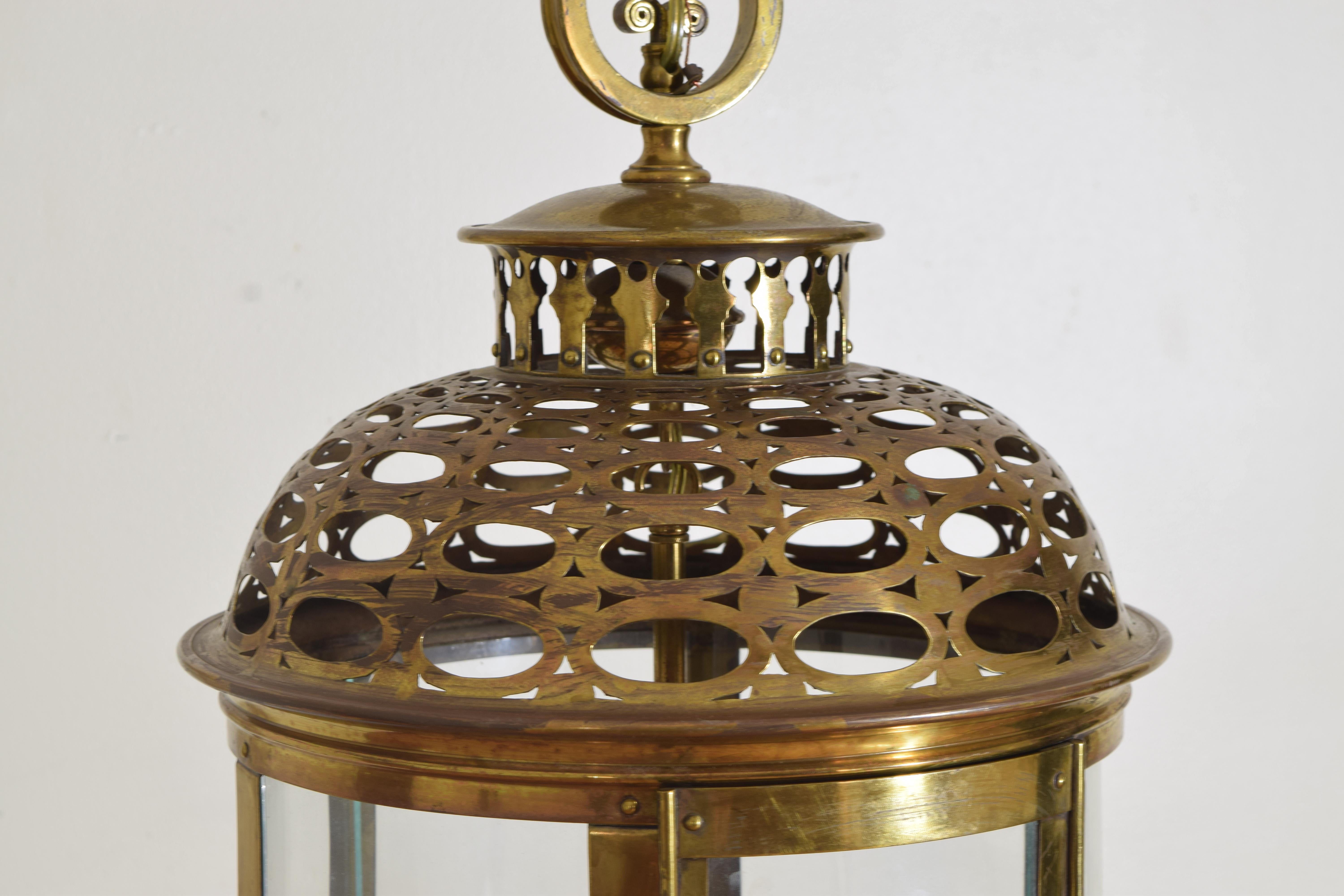 European Continental Reticulated Brass Dome Shaped 3-Light Lantern, Early 20th Century