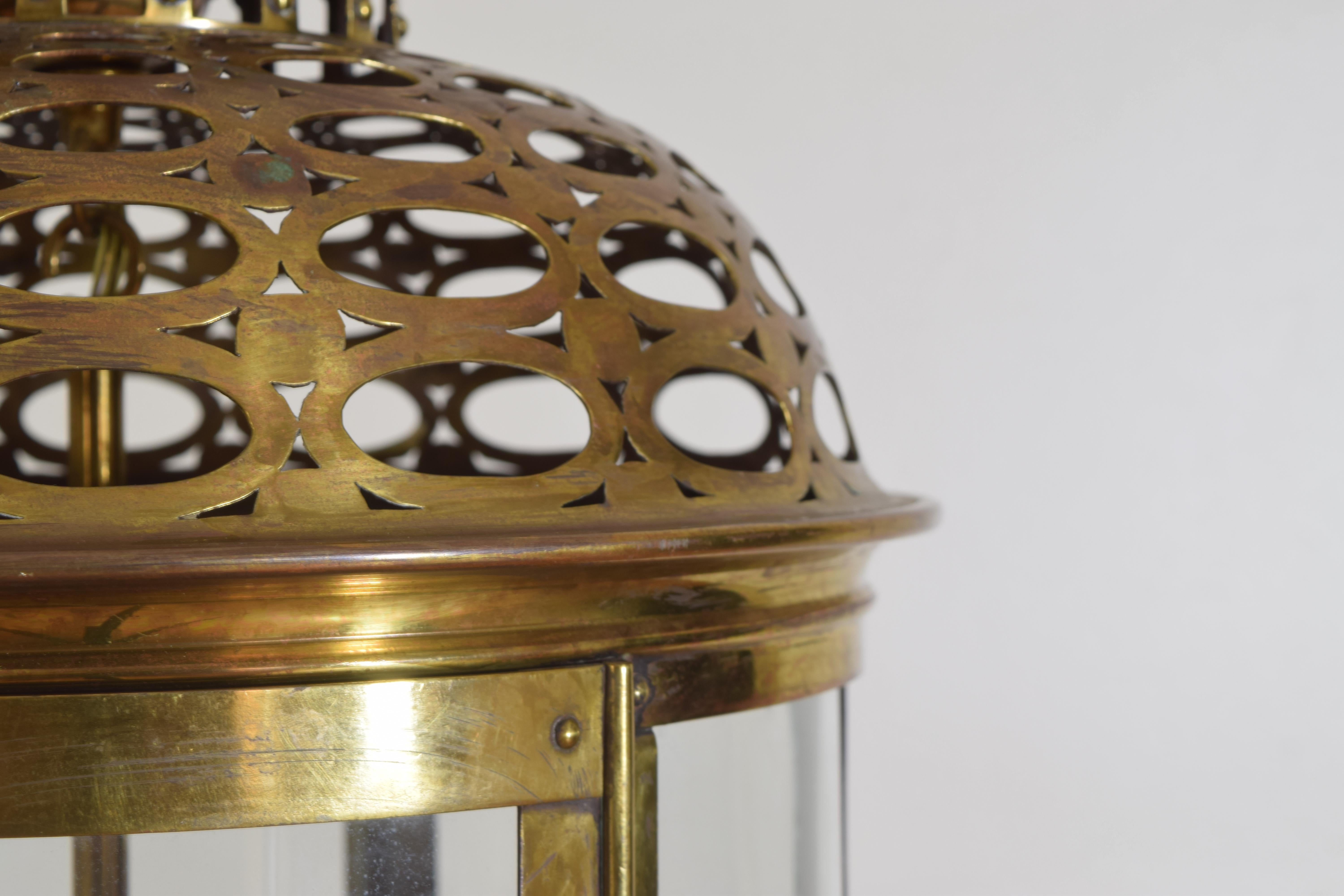 Continental Reticulated Brass Dome Shaped 3-Light Lantern, Early 20th Century In Good Condition In Atlanta, GA