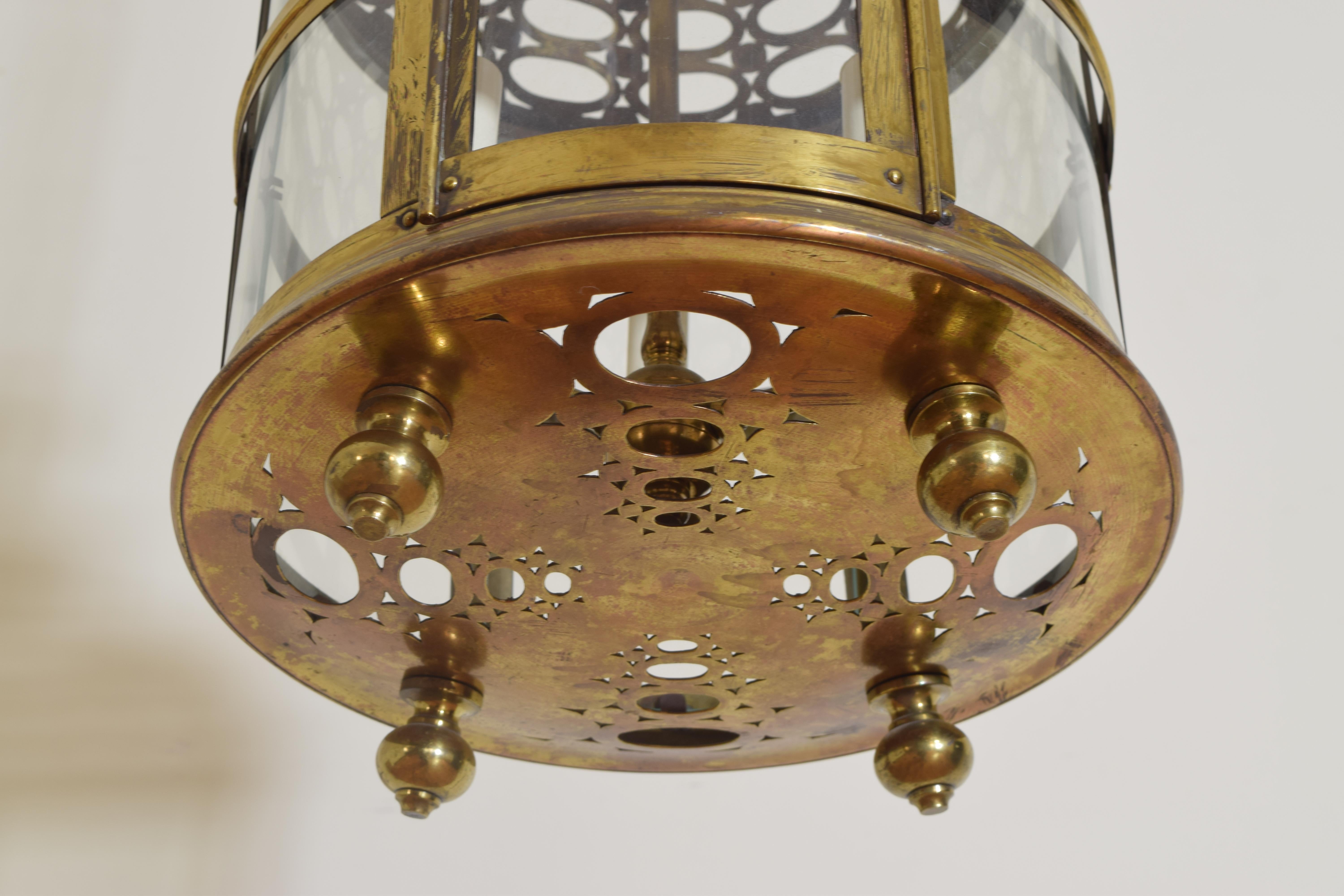 Continental Reticulated Brass Dome Shaped 3-Light Lantern, Early 20th Century 3