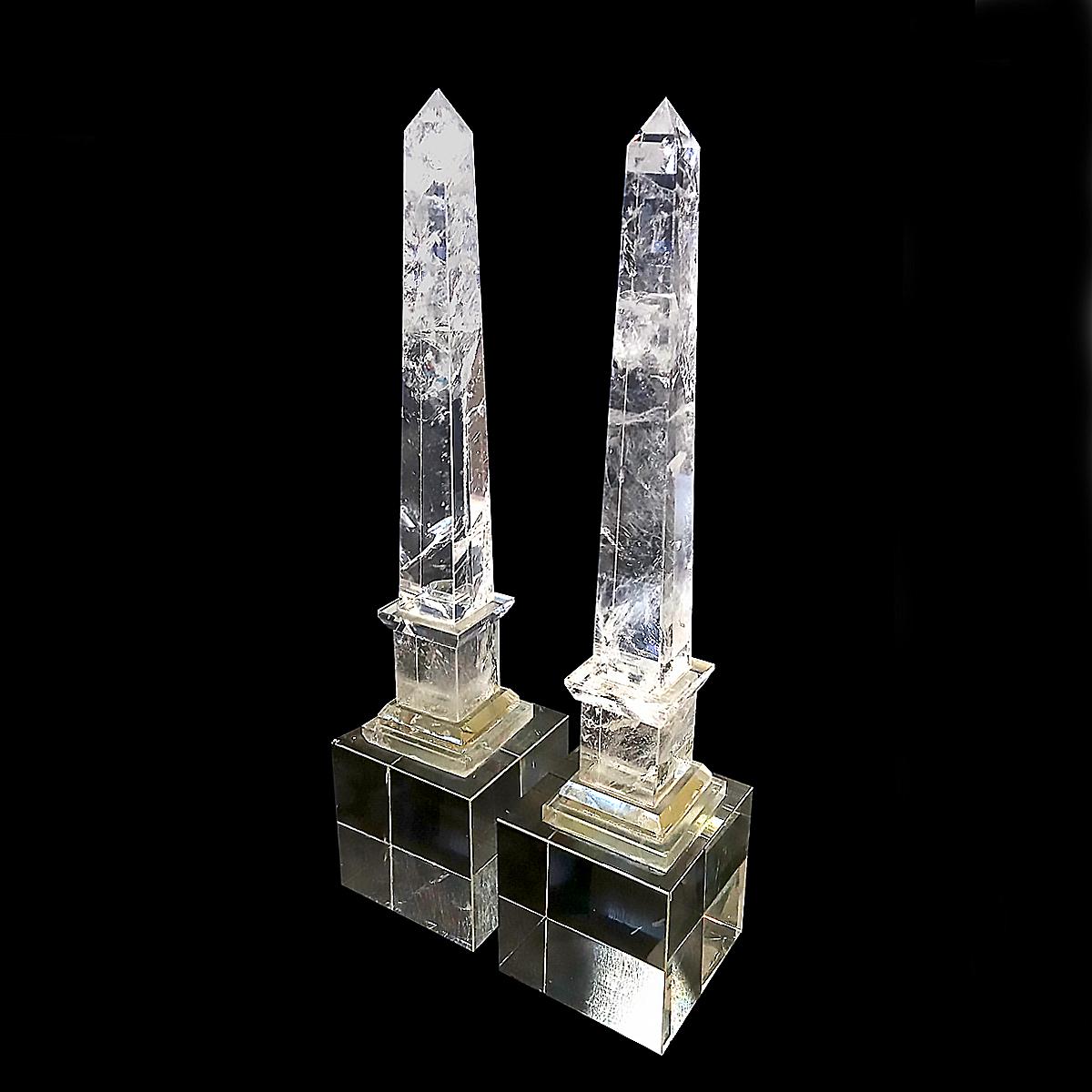 Carved Continental Rock Crystal Obelisks, Pair For Sale