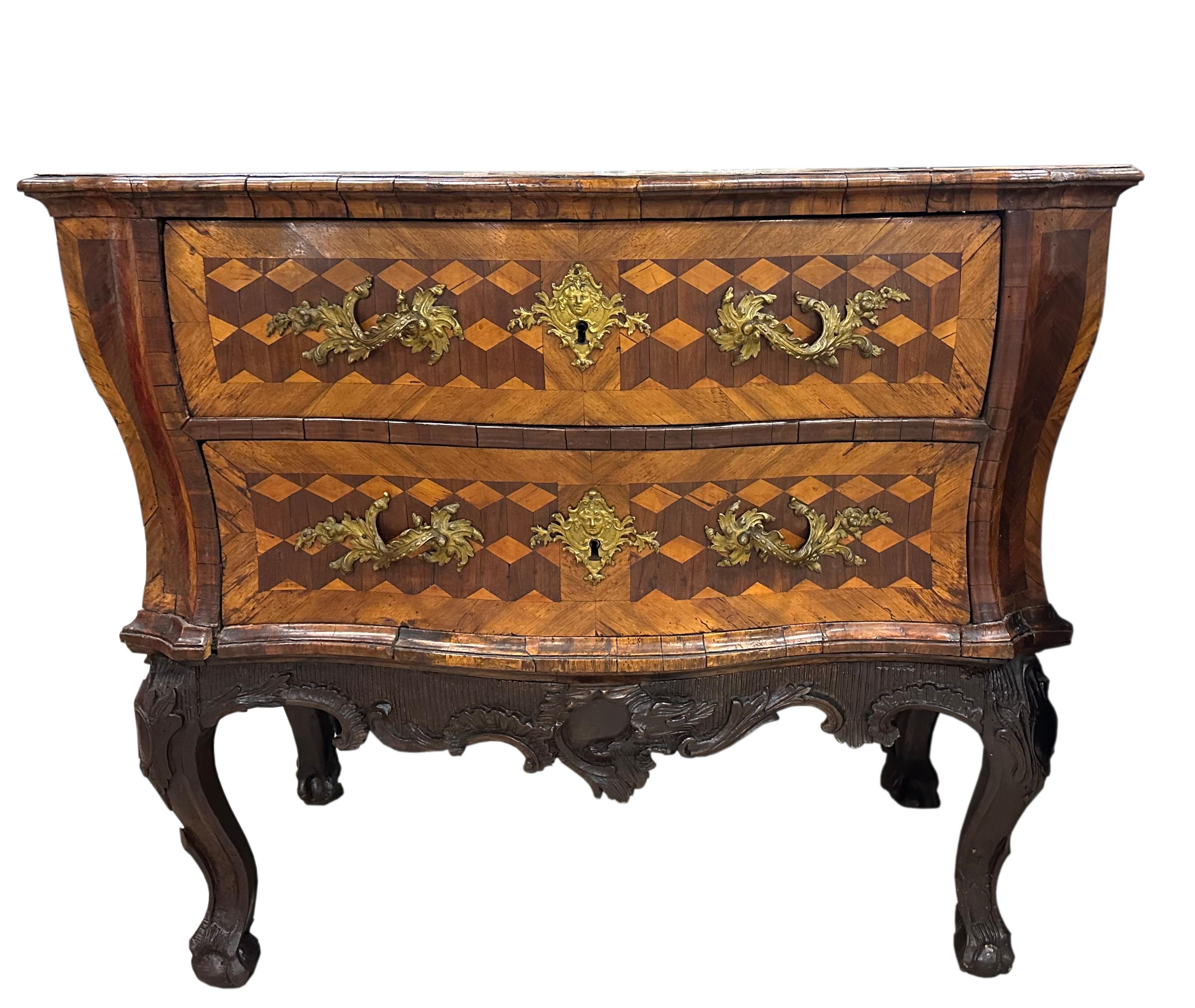 Continental Rococo Walnut Parquetry Chest on Stand For Sale 3