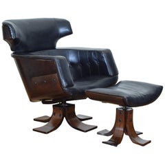 Continental Rosewood and Leather Upholstered Armchair and Ottoman