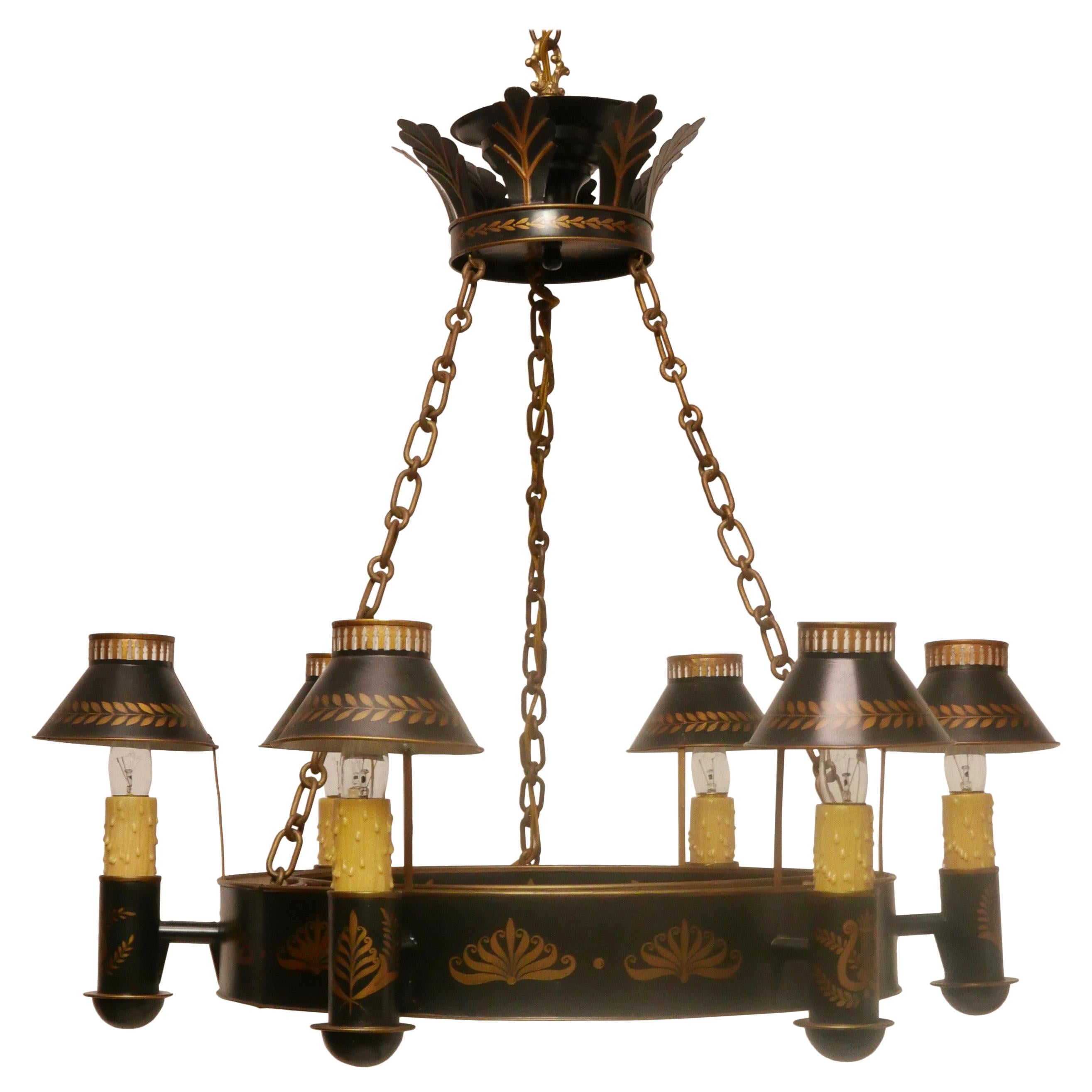 Continental Round Hand Painted Tole Six Light Hanging Light Fixture