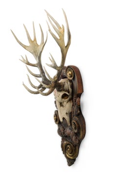 Continental Rustic Wall Plaque of Elk Head with Red Painted E on Curved Plaque