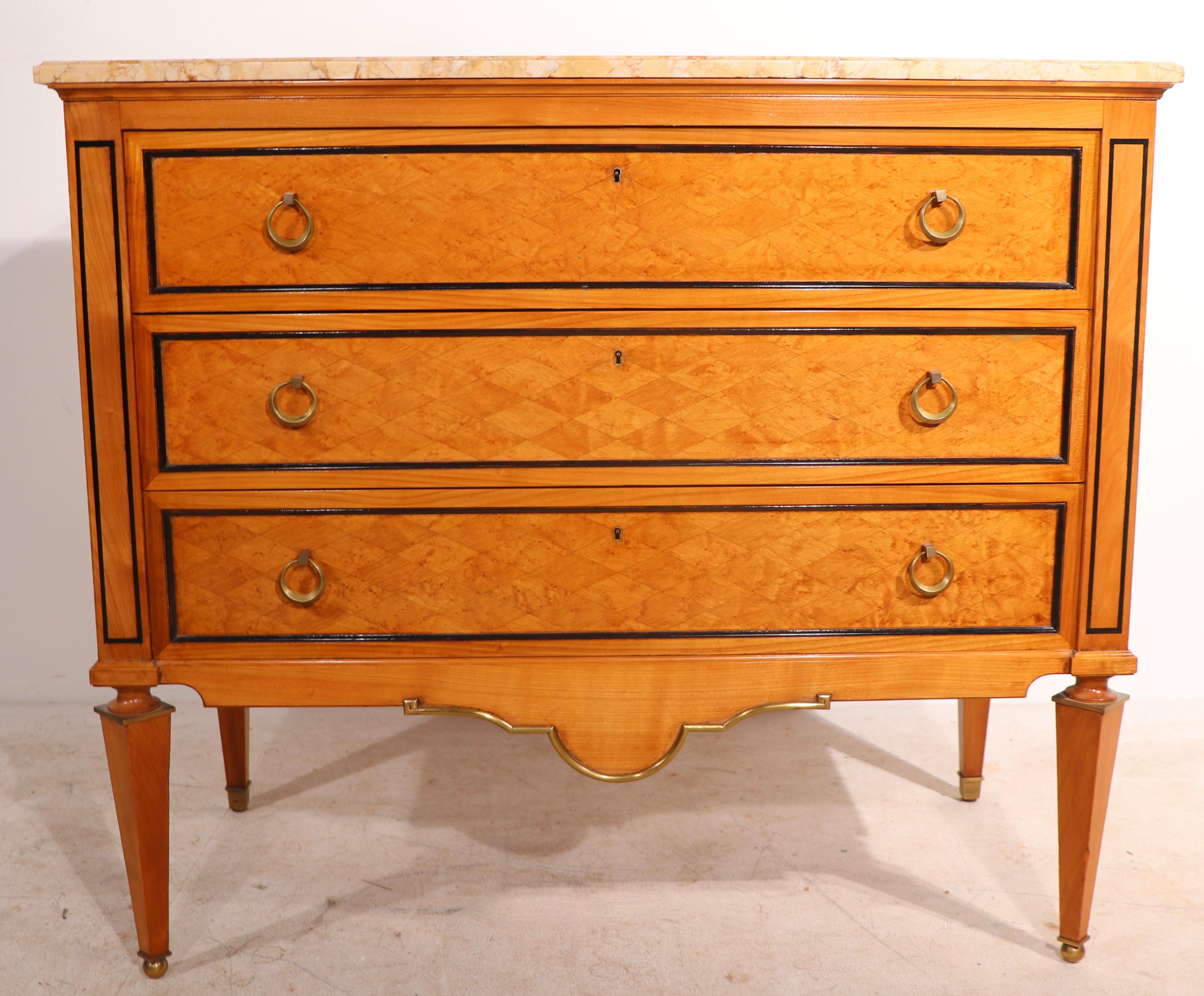 Regency Revival Continental Satinwood Brass and Marble Commode ca. 20th C probably Italian Made For Sale