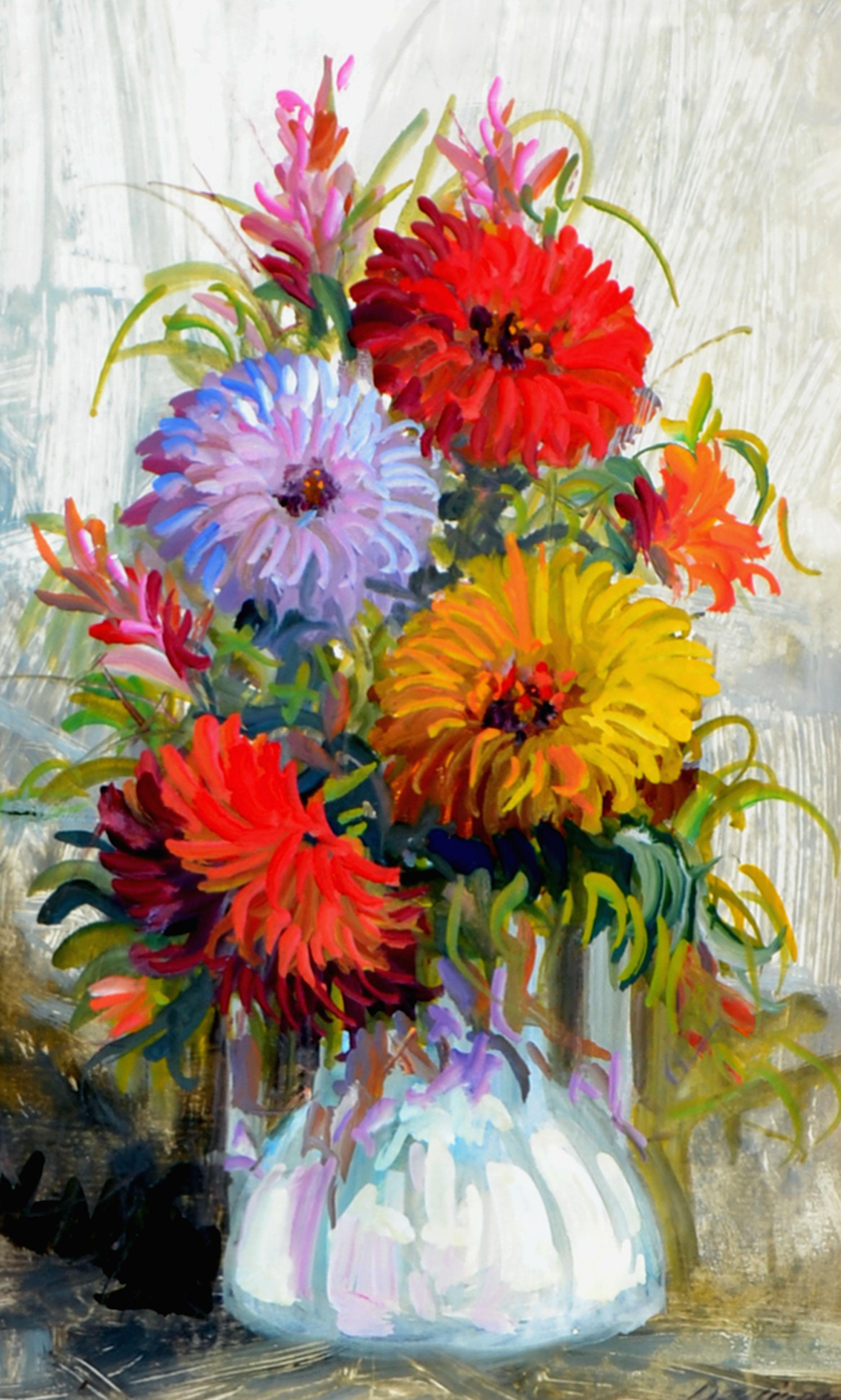 Mid-Century Red Chrysanthemum Floral Bouquet - Painting by Unknown