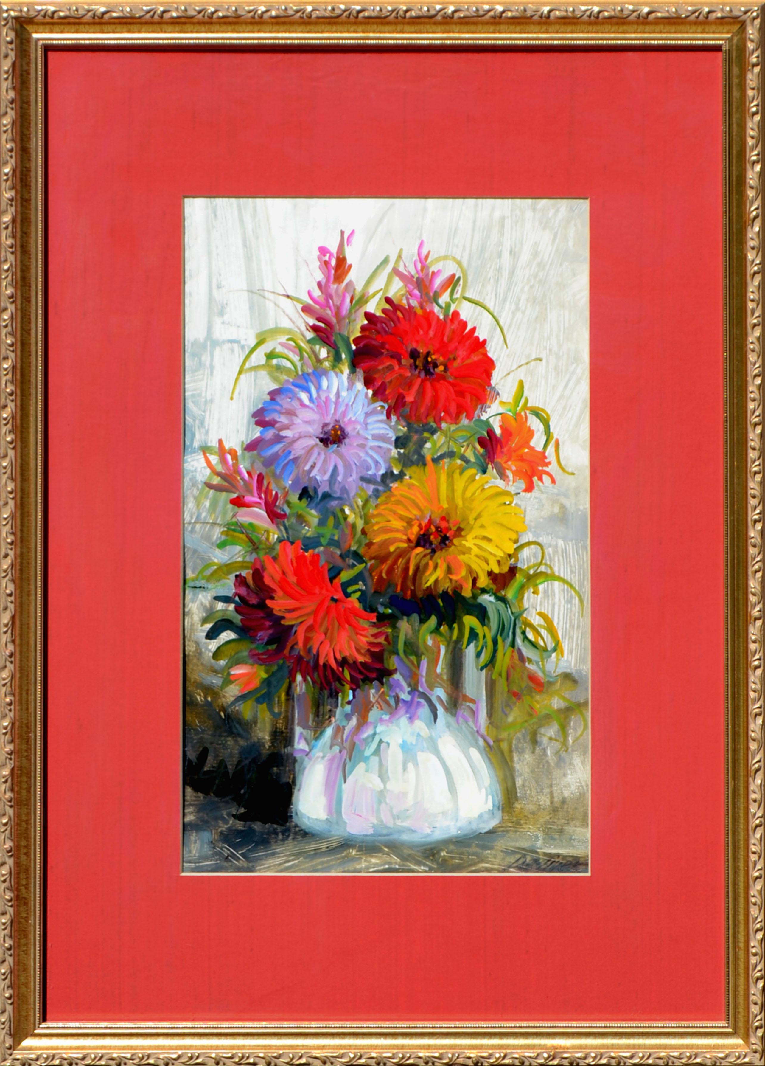 Still-Life Painting Unknown - Bouquet floral de chrysanthèmes rouges du milieu du siècle dernier