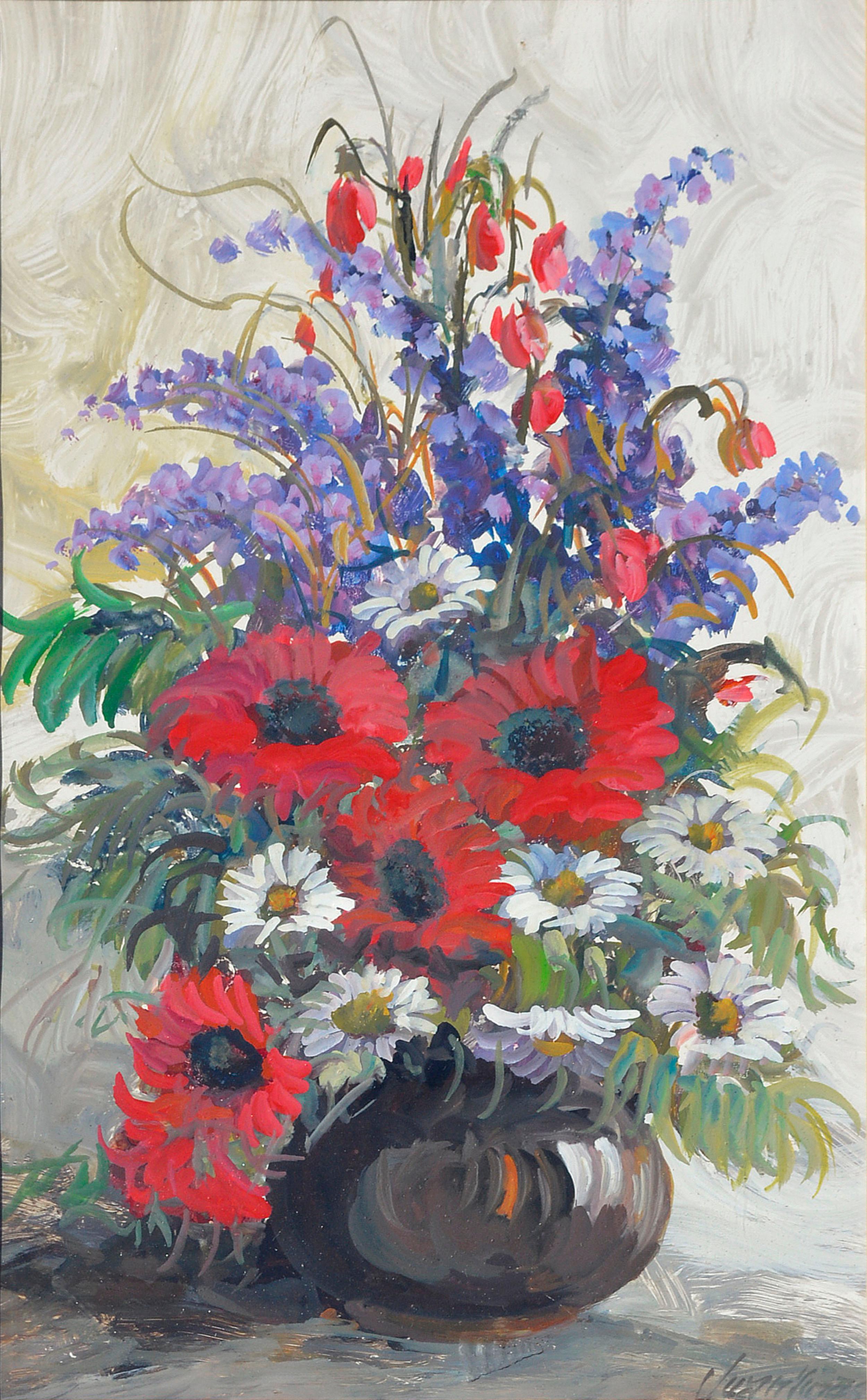 Delphinium, Daisies and Gerber Daisies - Red Floral Bouquet Still-Life  - Painting by Unknown