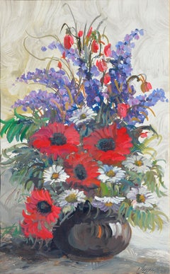 Delphinium, Daisies and Gerber Daisies - Red Floral Bouquet Still-Life