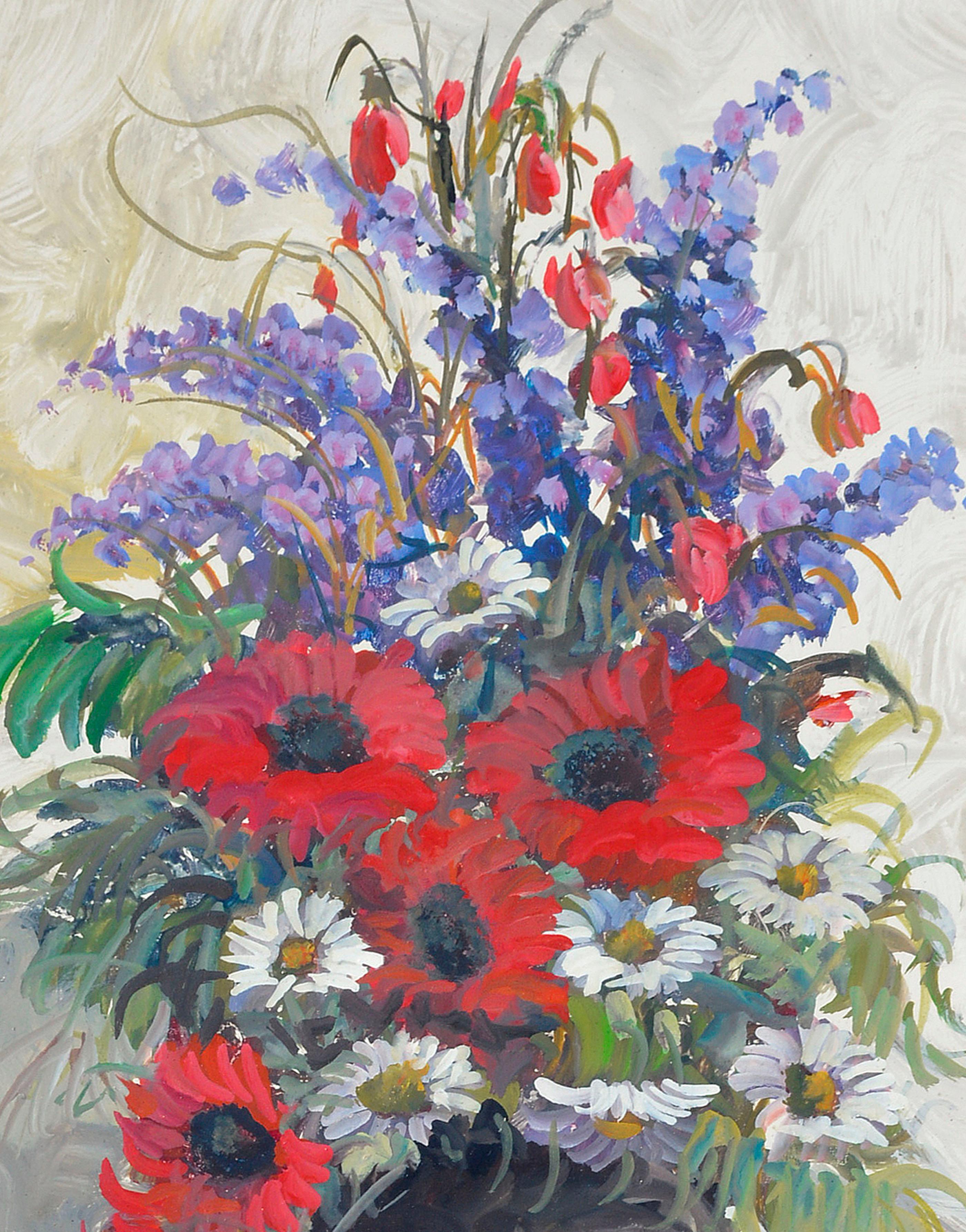 Delphinium, Daisies and Gerber Daisies - Bouquet de fleurs rouges - Nature morte  - Impressionnisme Painting par Unknown