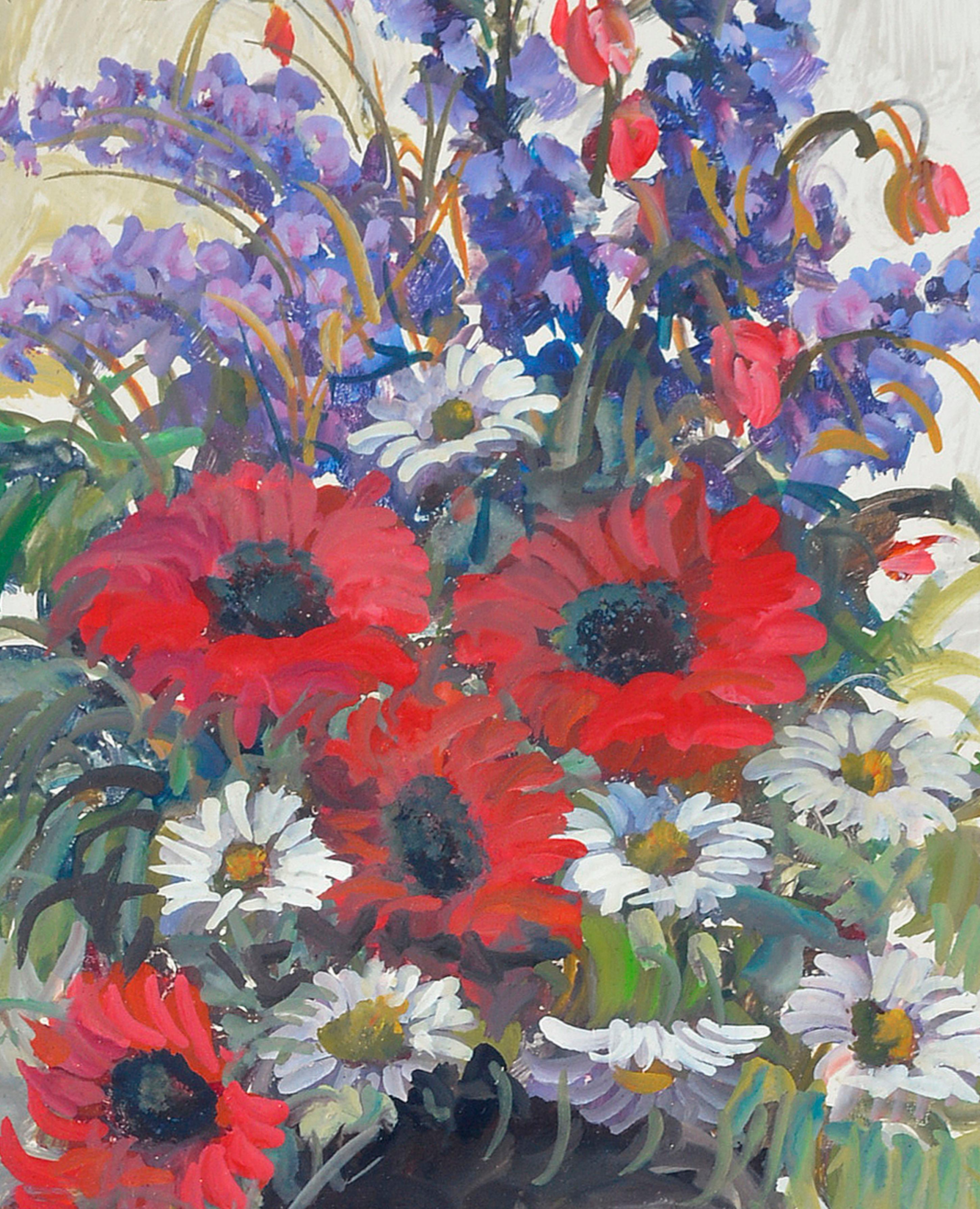 Delphinium, Daisies and Gerber Daisies - Bouquet de fleurs rouges - Nature morte  - Rose Still-Life Painting par Unknown