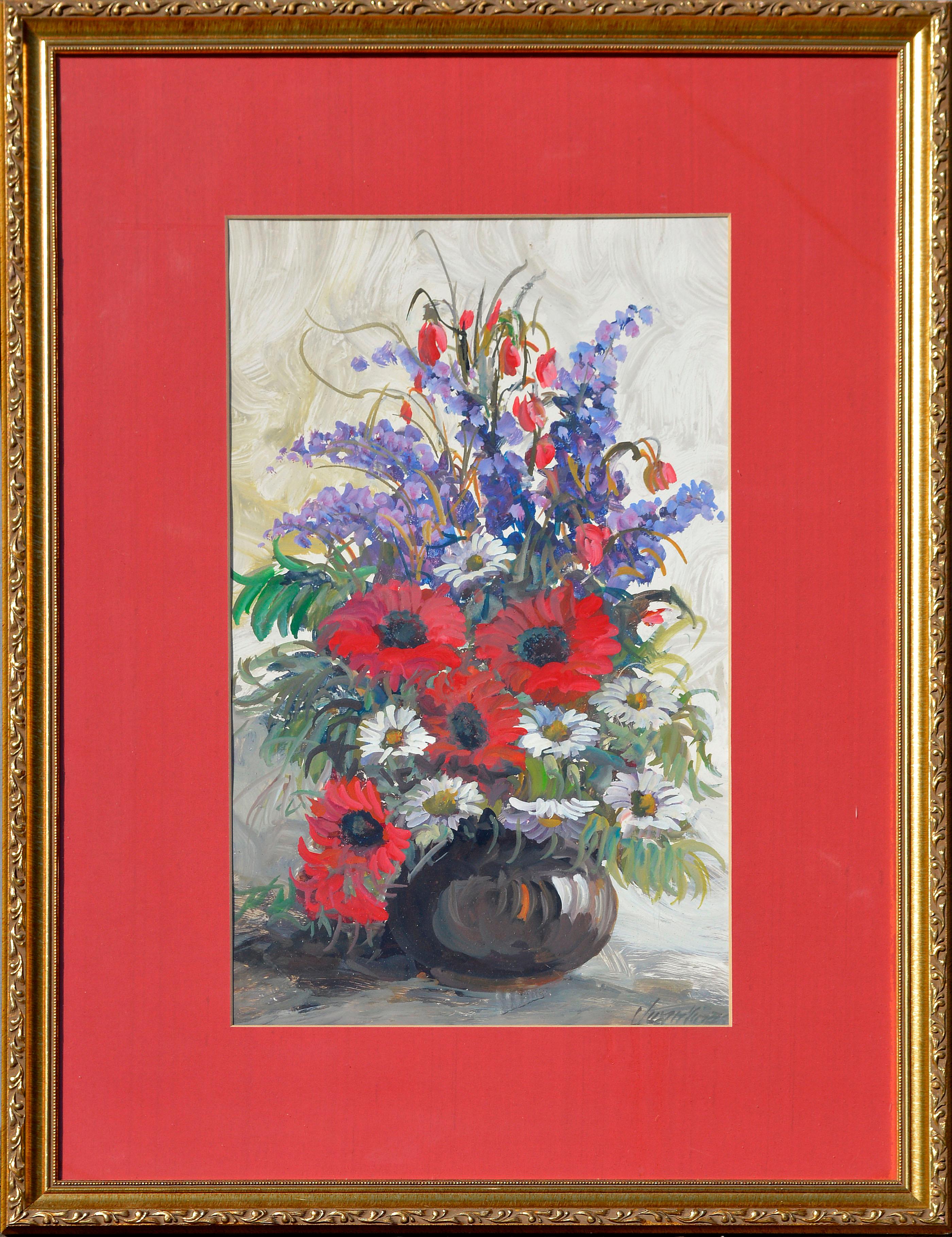 Unknown Still-Life Painting - Delphinium, Daisies and Gerber Daisies - Red Floral Bouquet Still-Life 