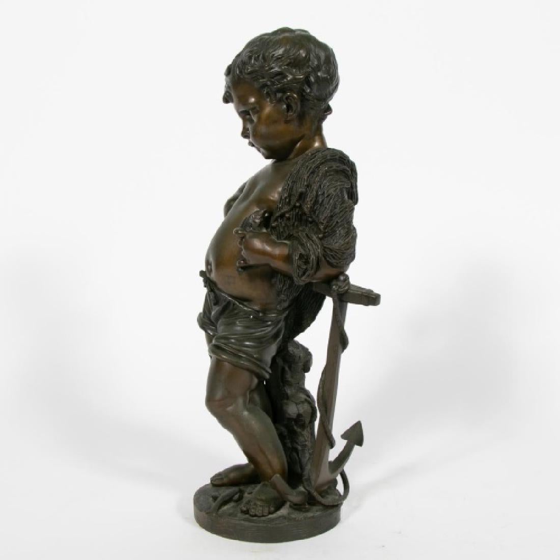 Late 19th-20th century, Continental school, French; cast bronze sculpture; depicting a well modeled figure of a young boy, draped in a net, his arm resting on an anchor, holding a fish; on a circular base with sea life. Signed 