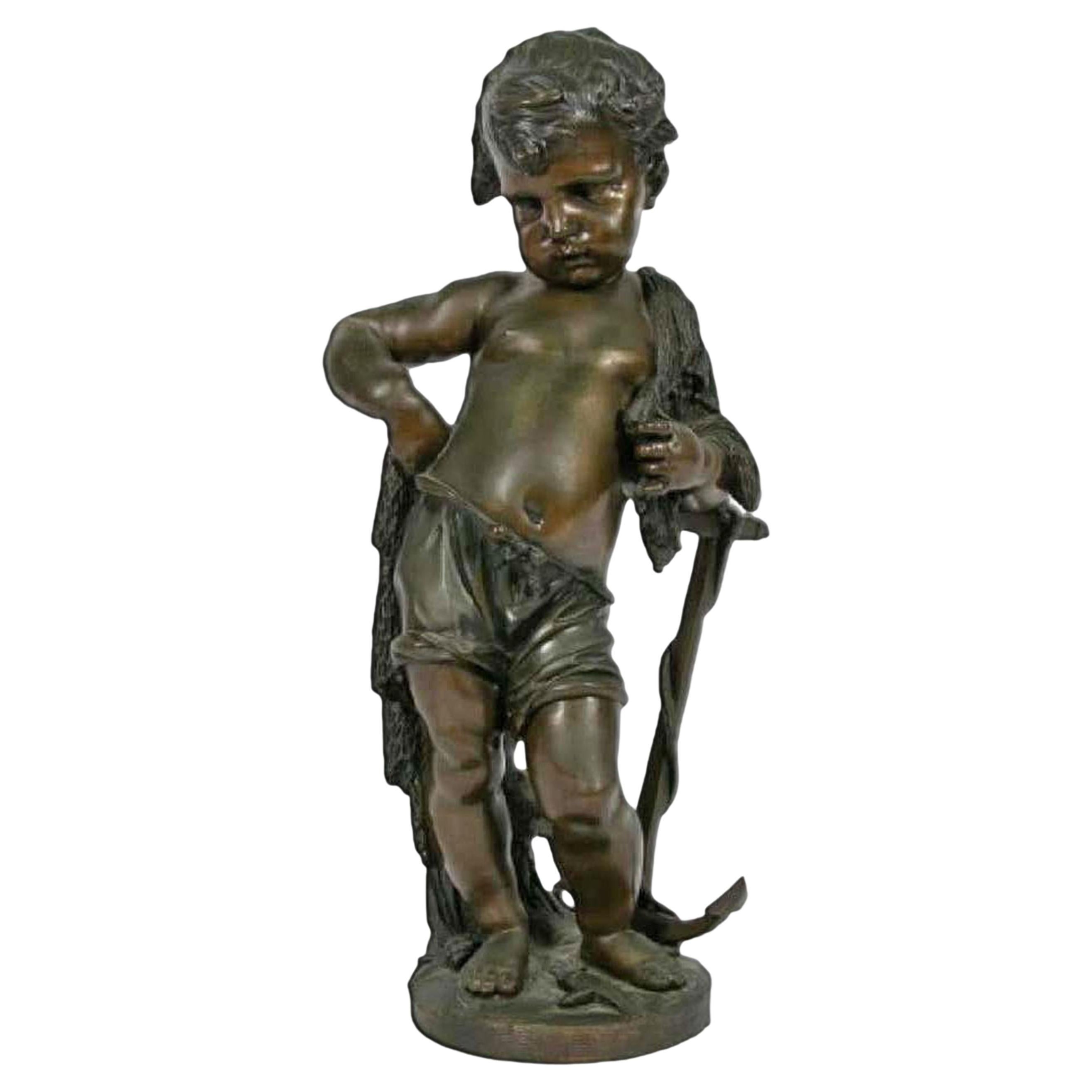 Figure en bronze de l'école continentale d'un garçon en train de pêcher en vente