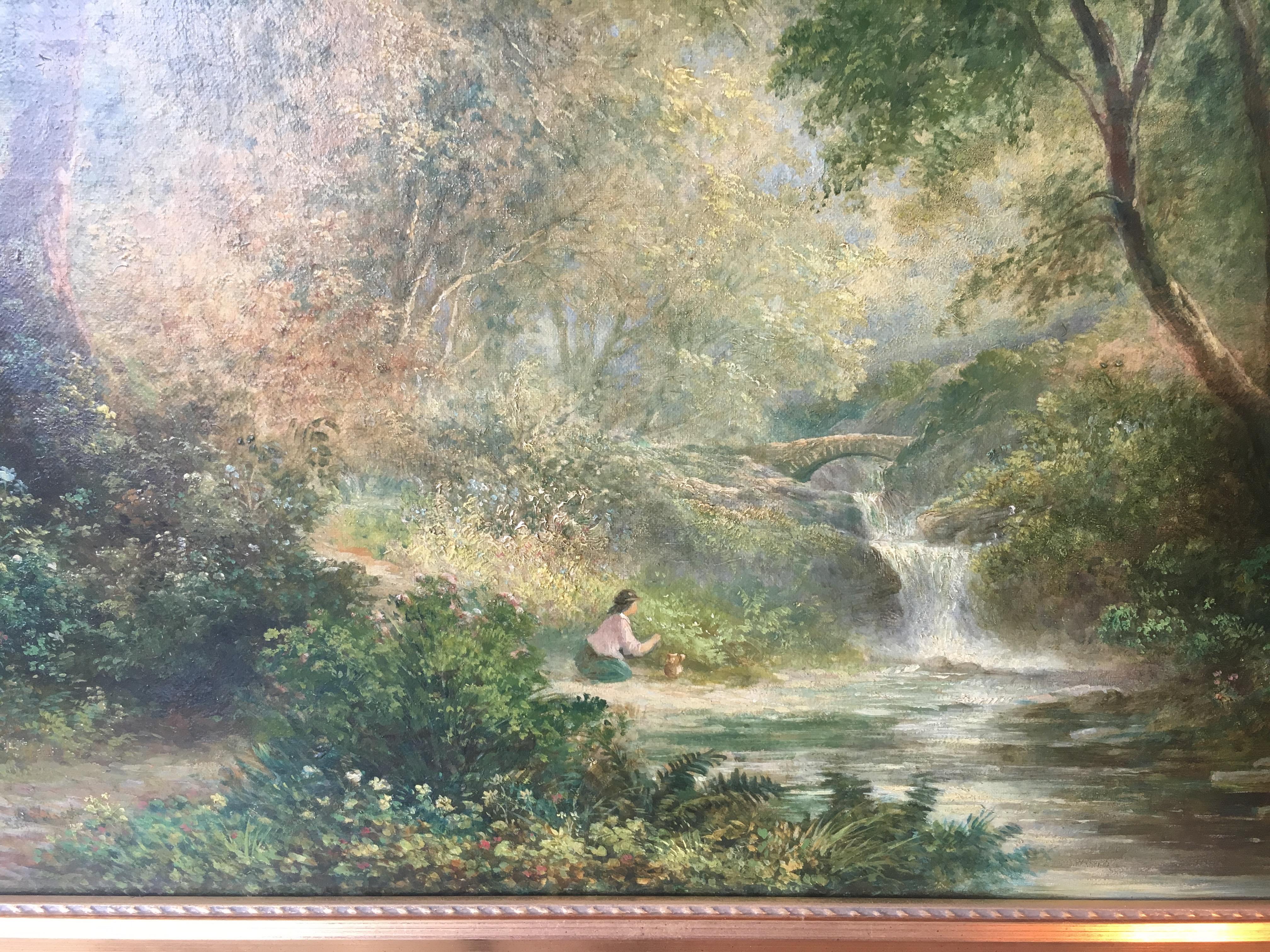 Paysage forestier avec personnage de l'école continentale de la fin du XIXe siècle Excellent état - En vente à Buchanan, MI