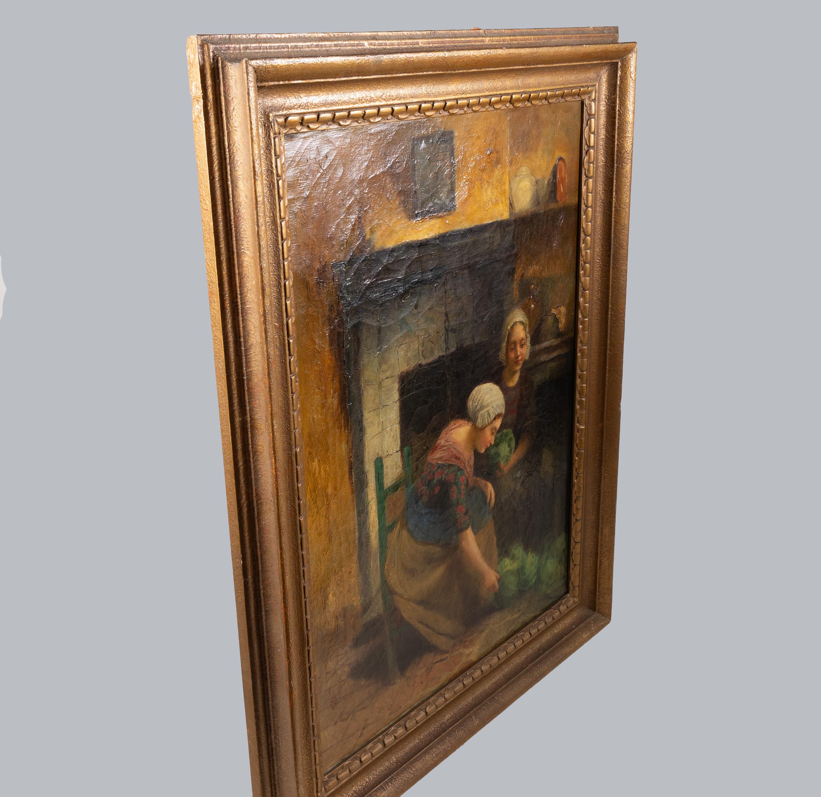 Continental School, Ende 19. Jahrhundert Öl auf Leinwand - Zwei Frauen mit Kohlköpfen im Angebot 6