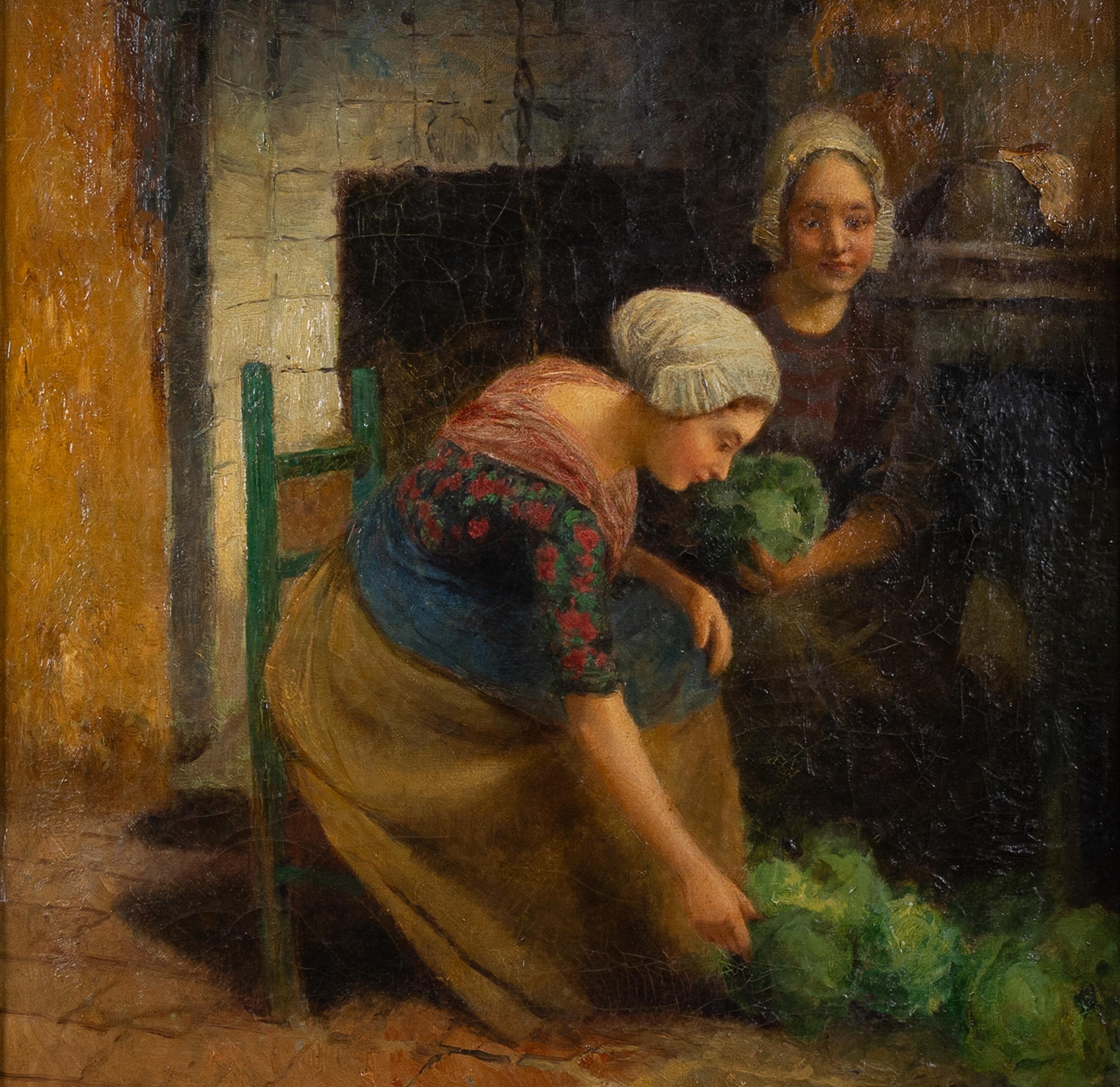 Kontinentale Schule (Ende 19./Anfang 20. Jahrhundert)
Rustikales Kücheninterieur mit zwei Frauen, die Kohlköpfe zubereiten
Öl auf Leinwand, undeutlich rechts unten signiert

Diese charmante Genreszene zeigt zwei Frauen bei der Hausarbeit in einer