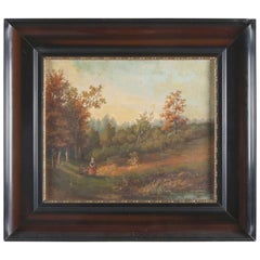 Continental School Oil on Board Landscape Scene with Figures and Pond, Signed