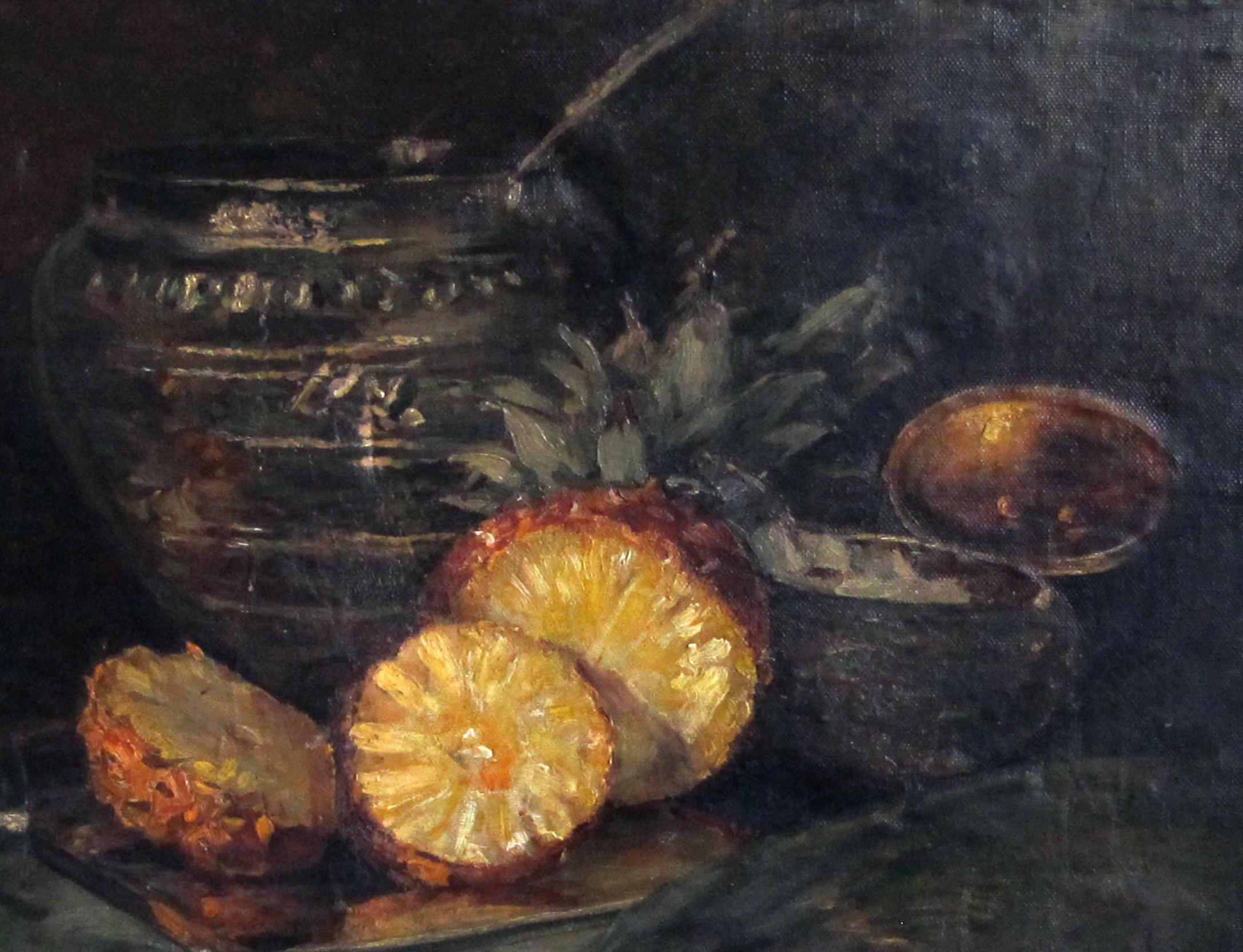 A serenely rendered still life depicting a lush table-scape with an exotic pineapple, symbolizing hospitality, resting on a metal tray all amid a large urn and wine glasses; illegibly signed and dated lower right; all within the original ebonized