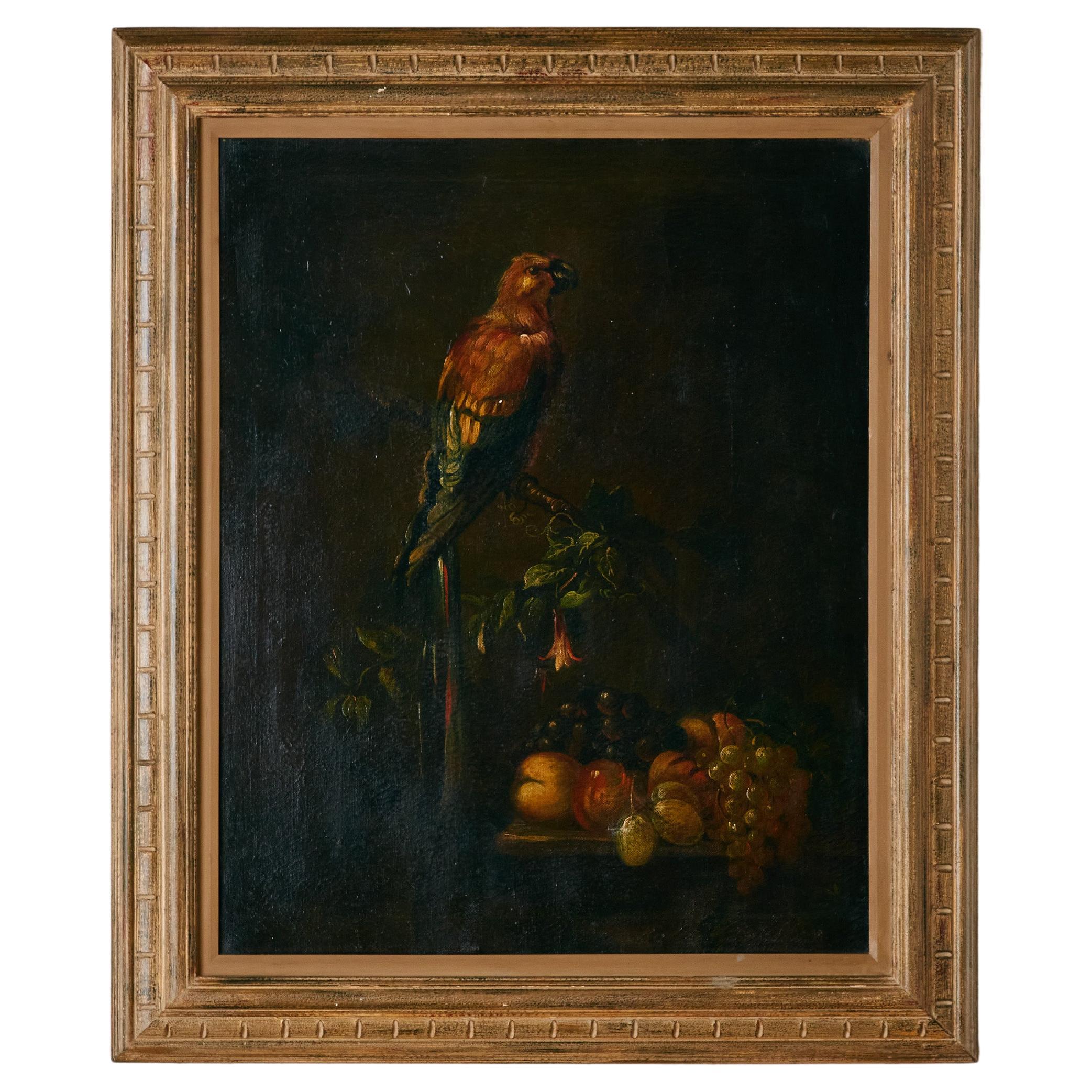 Continental School, Painting of a Parrot Perched above an assortment fruit.