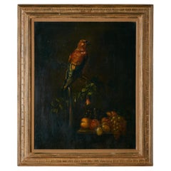 Vintage Continental School, Painting of a Parrot Perched above an assortment fruit.