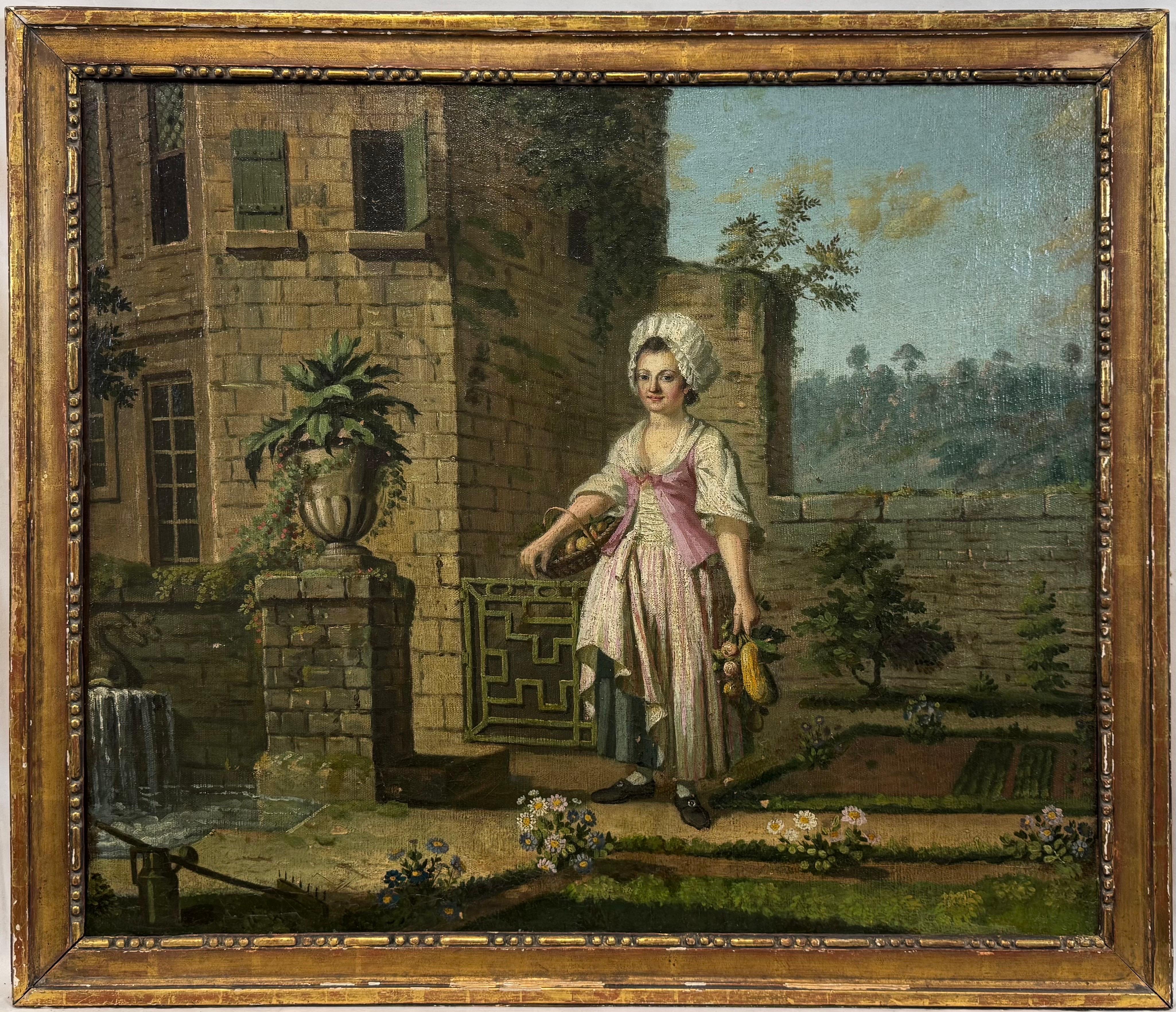 Europäische ummauerte Gartenszene des 19. Jahrhunderts, Herrenhaus mit Gärtner, Gemüse