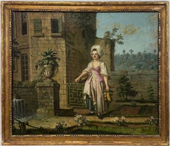 Used 19th Century European Walled Garden Scene, Manor House with Gardener Vegetables