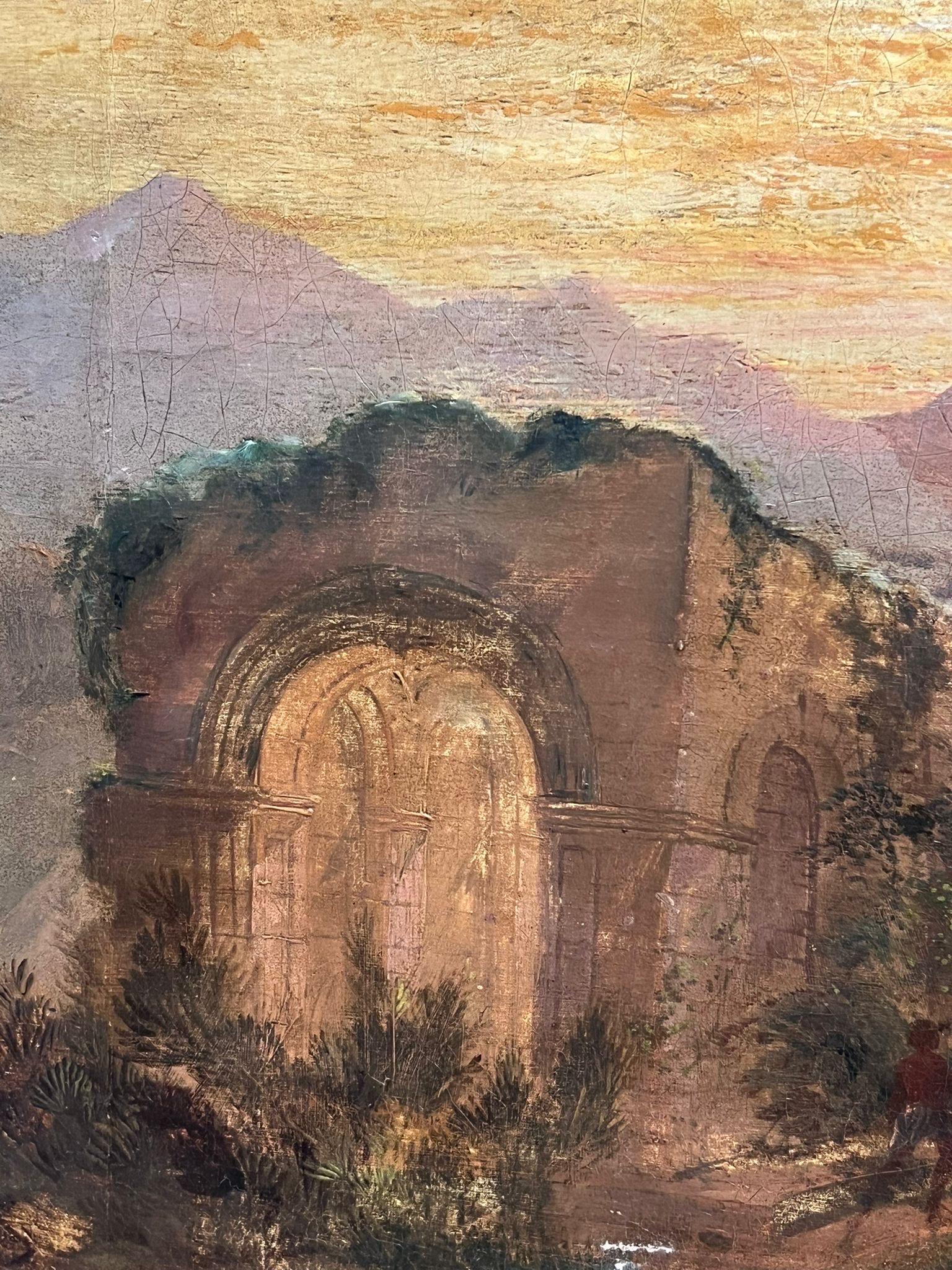 19. Jahrhundert. Figuren auf der Jagd Klassische Ruinen Berge Sonnenuntergang Landschaft Nordafrika – Painting von Continental School