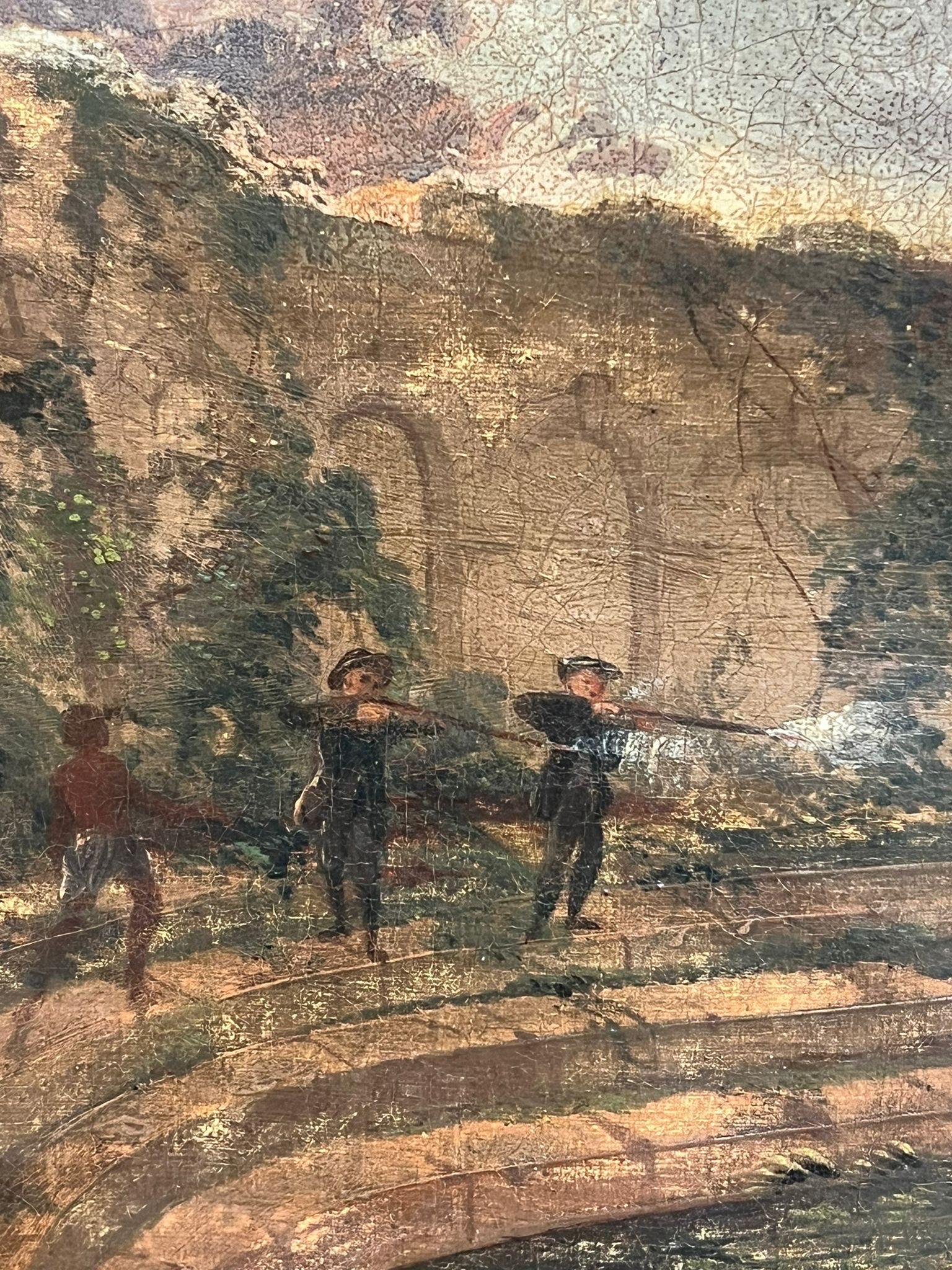 19. Jahrhundert. Figuren auf der Jagd Klassische Ruinen Berge Sonnenuntergang Landschaft Nordafrika (Braun), Figurative Painting, von Continental School