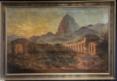 19thC. Figures Hunting Classical Ruins Mountainous Sunset Landscape North Africa